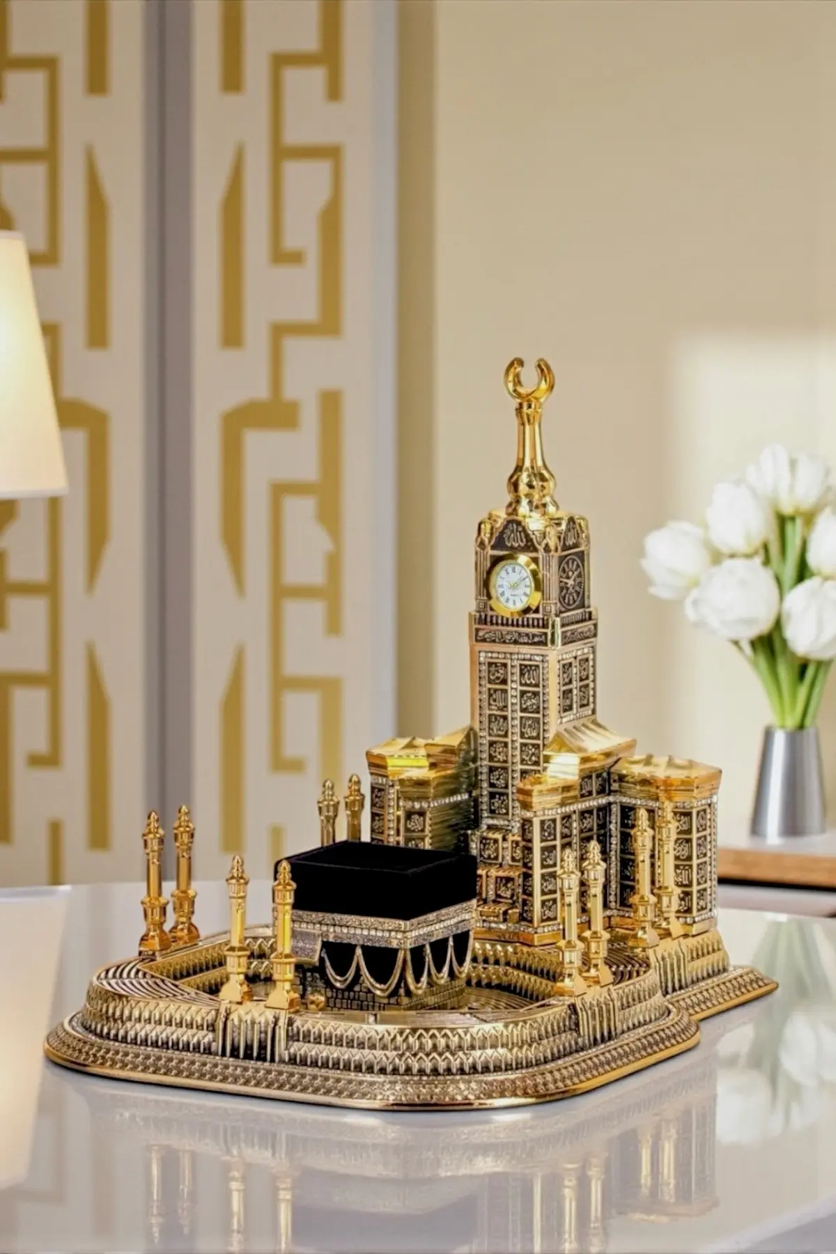 Güncel Vitrin Zirkon Taşlı Mescid-i Haram Kabe Maketi Biblo Lüks Dini Hediyelik Gold 28 cm