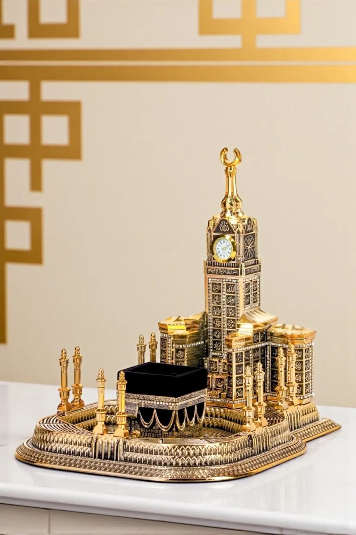Güncel Vitrin Zirkon Taşlı Mescid-i Haram Kabe Maketi Biblo Lüks Dini Hediyelik Gold 28 cm