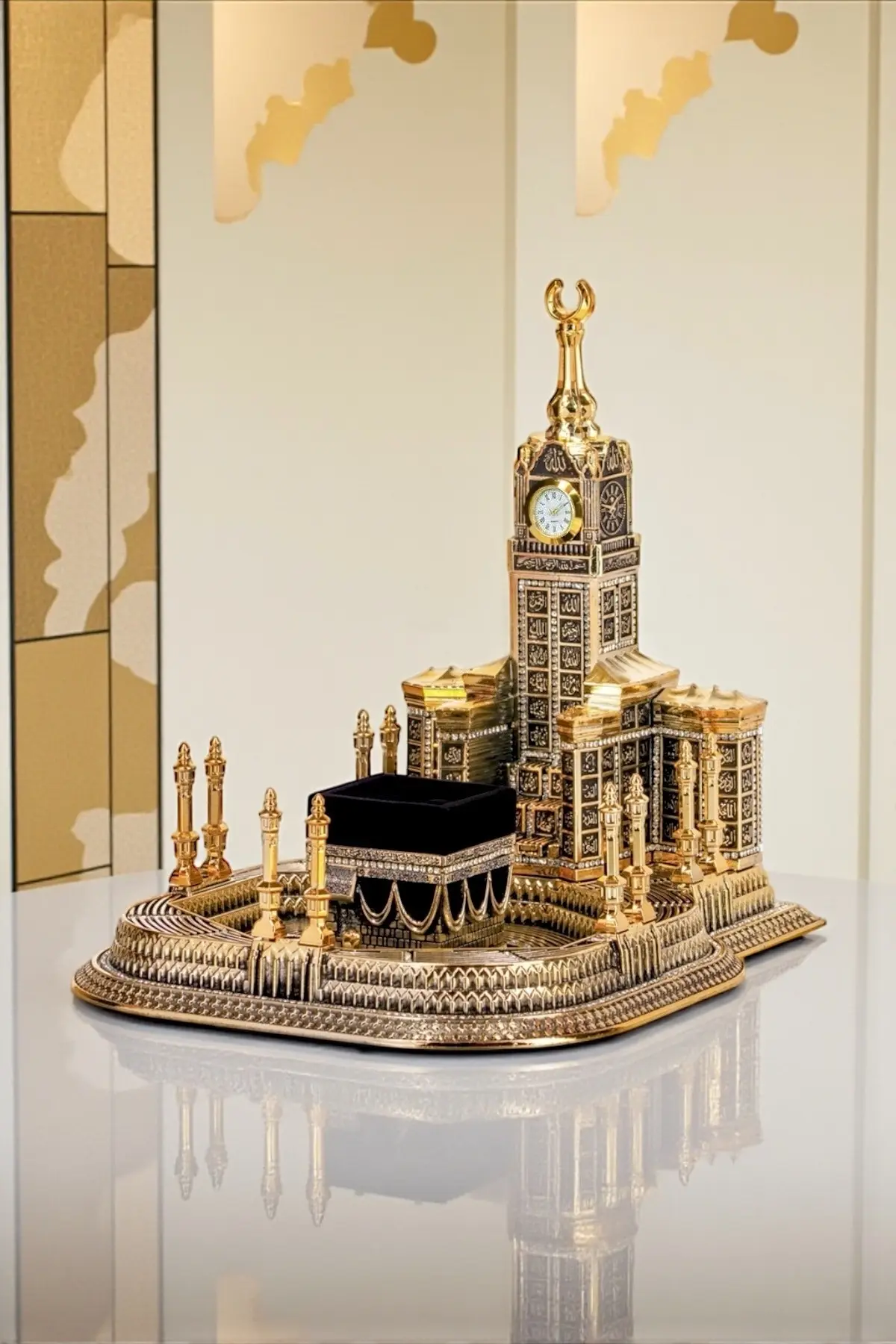 Güncel Vitrin Zirkon Taşlı Mescid-i Haram Kabe Maketi Biblo Lüks Dini Hediyelik Gold 28 cm