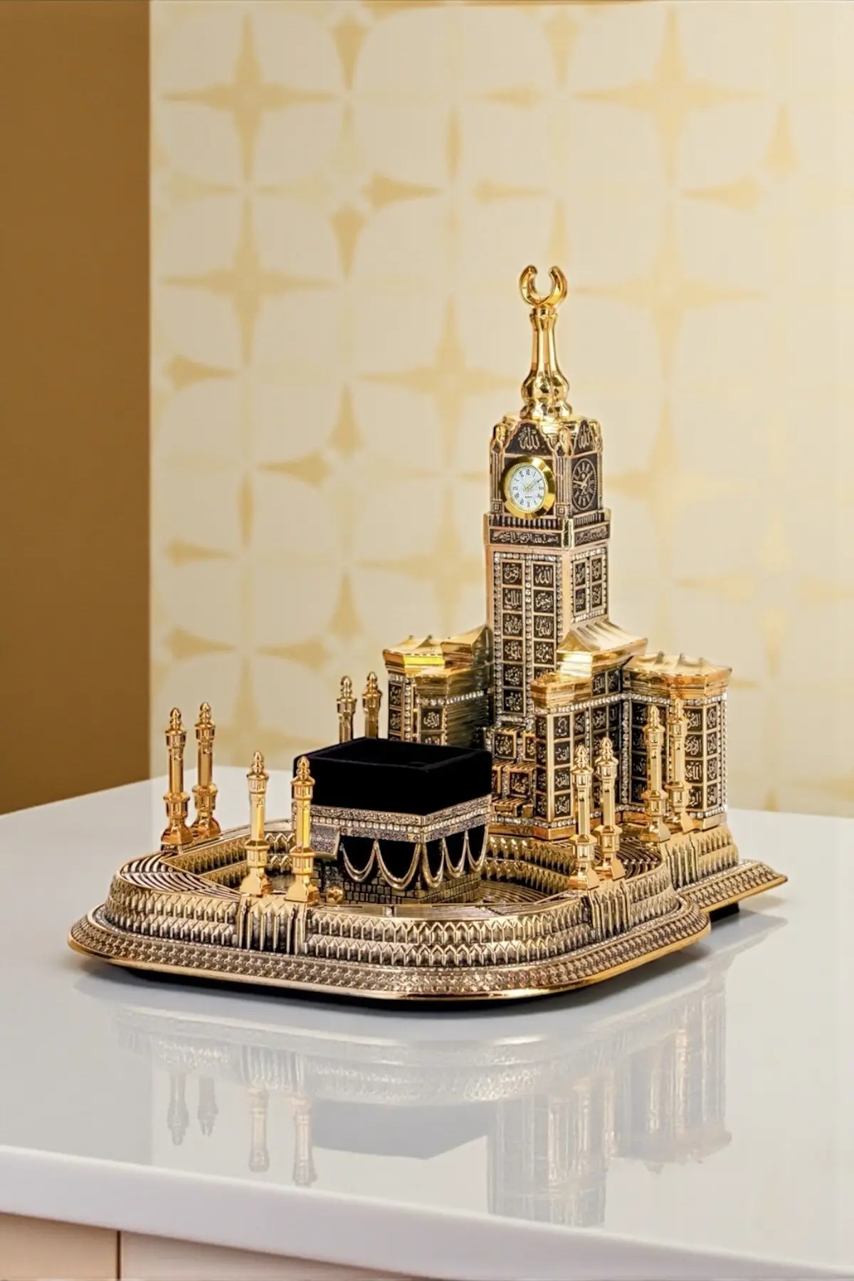 Güncel Vitrin Zirkon Taşlı Mescid-i Haram Kabe Maketi Biblo Lüks Dini Hediyelik Gold 28 cm