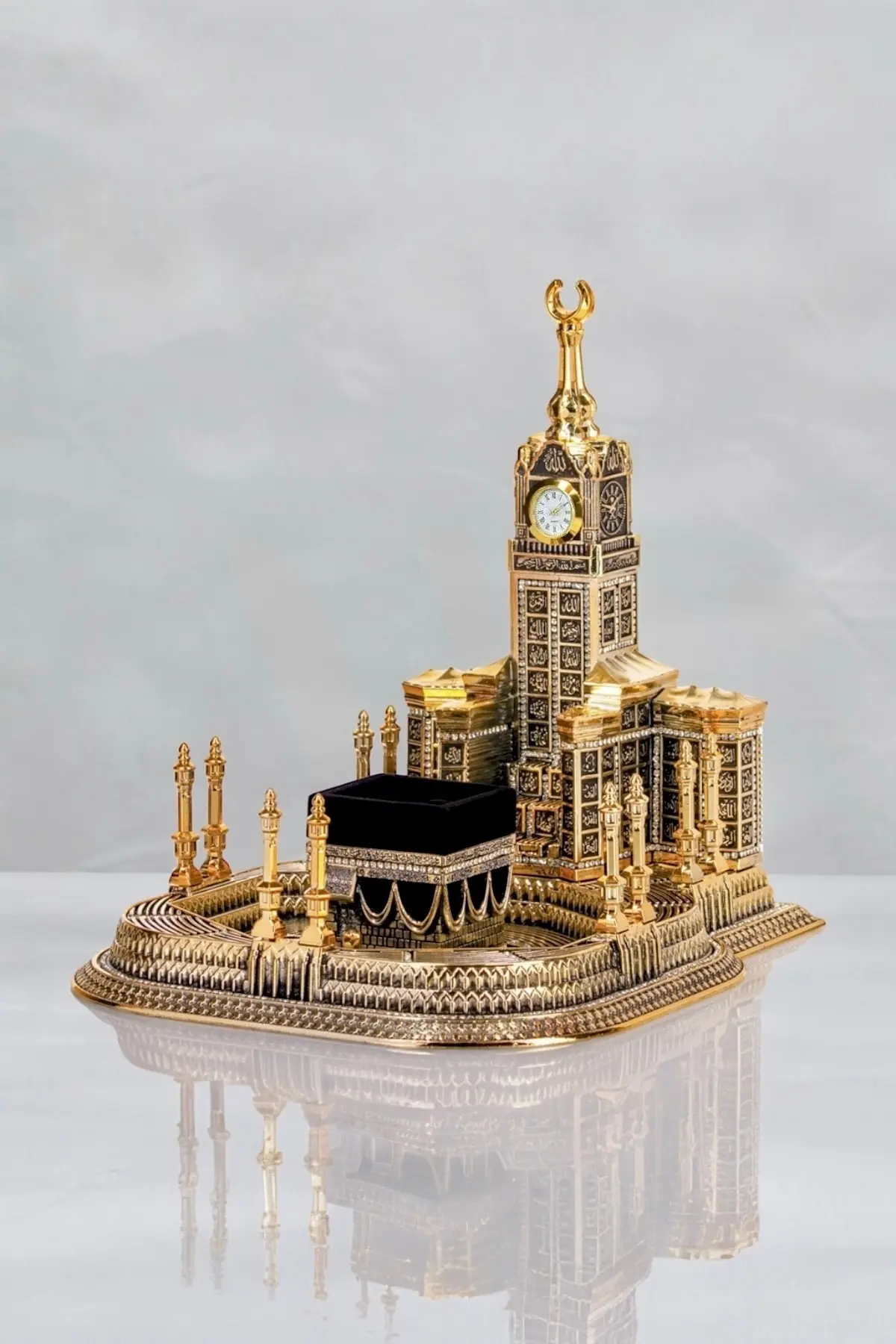 Güncel Vitrin Zirkon Taşlı Mescid-i Haram Kabe Maketi Biblo Lüks Dini Hediyelik Gold 28 cm
