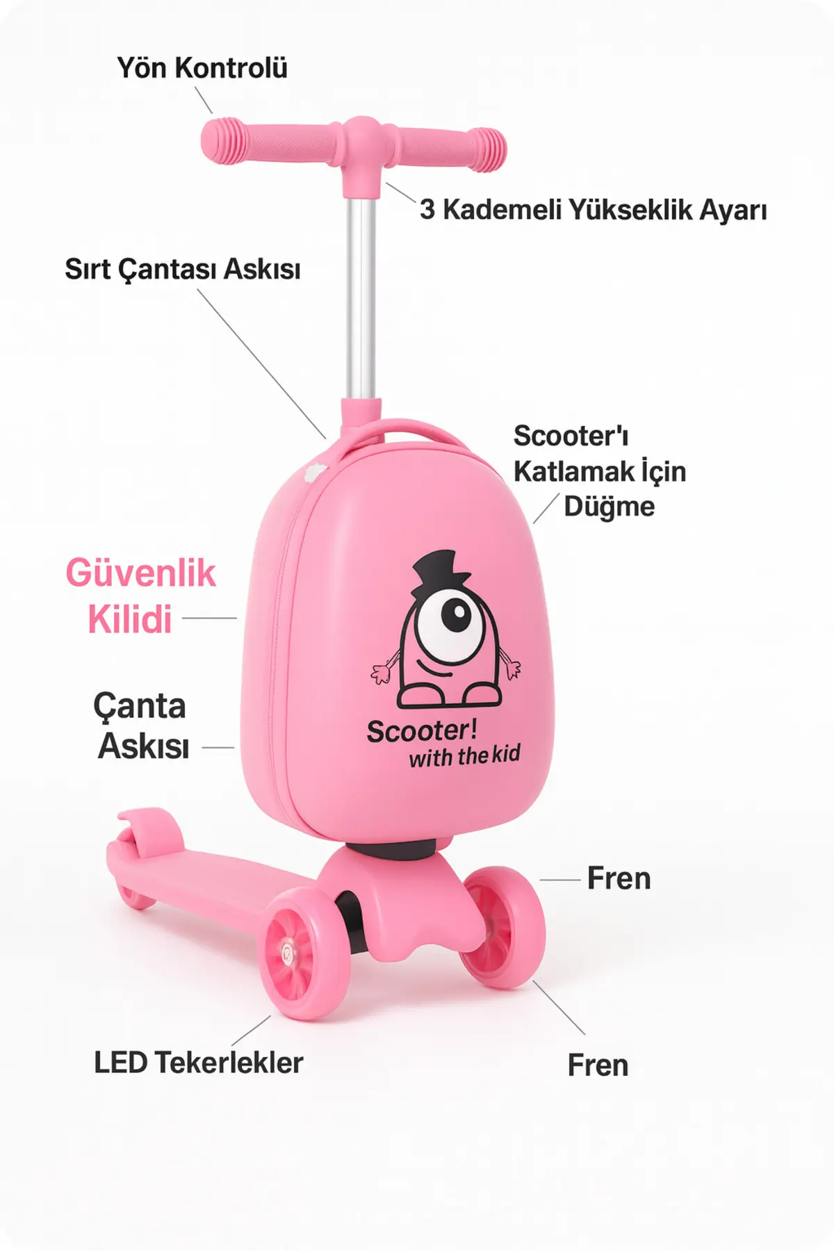 Heybee Luggages VALİZ - SCOOTER VALİZ - WEXTA HEYBEE SERİSİ ÇIKARILABİLİR SIRT ÇANTALI PEMBE SCOOTER