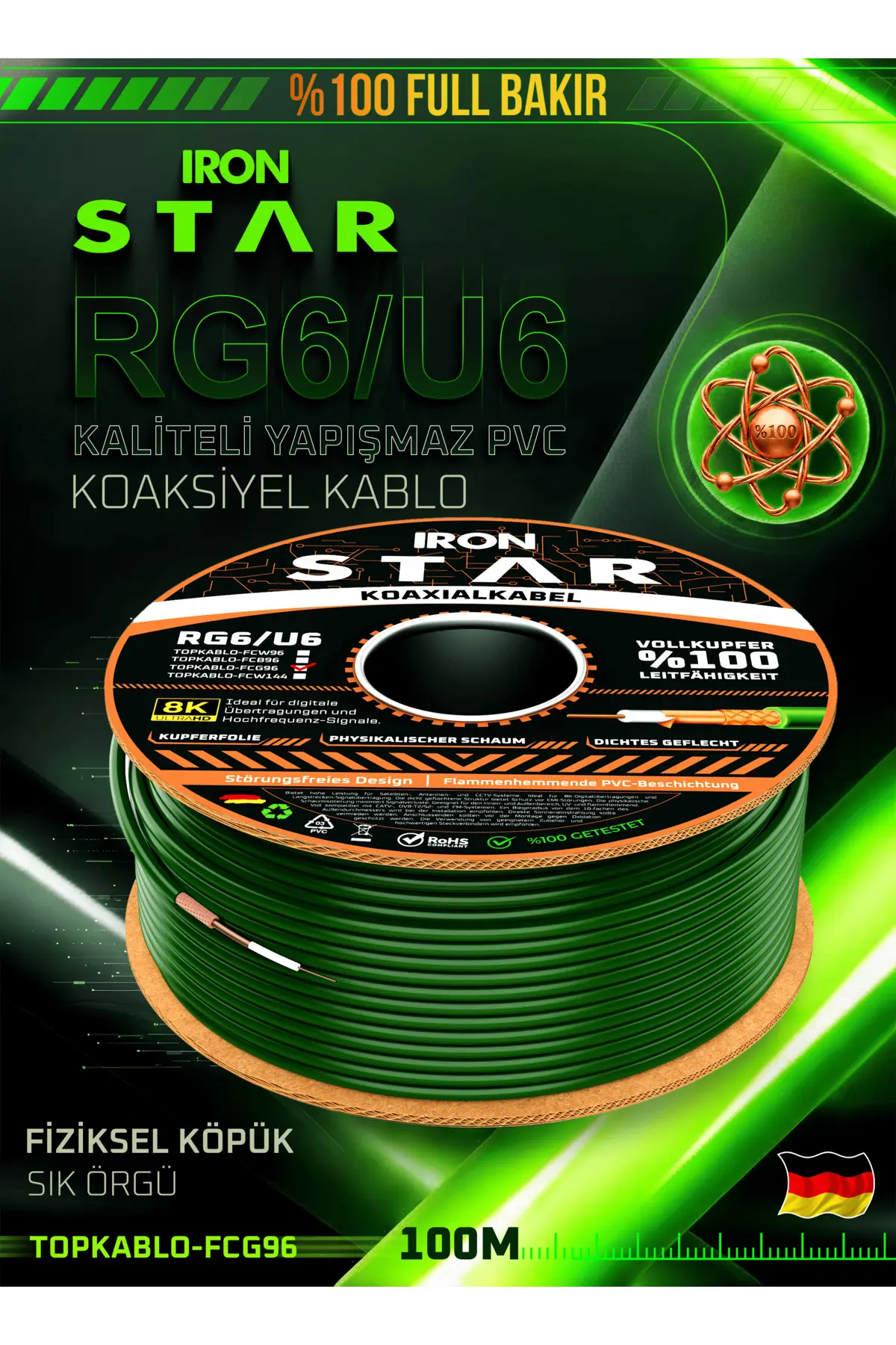 IRONSTAR 96 TEL FULL BAKIR ANTEN KABLOSU 100 METRE YEŞİL
