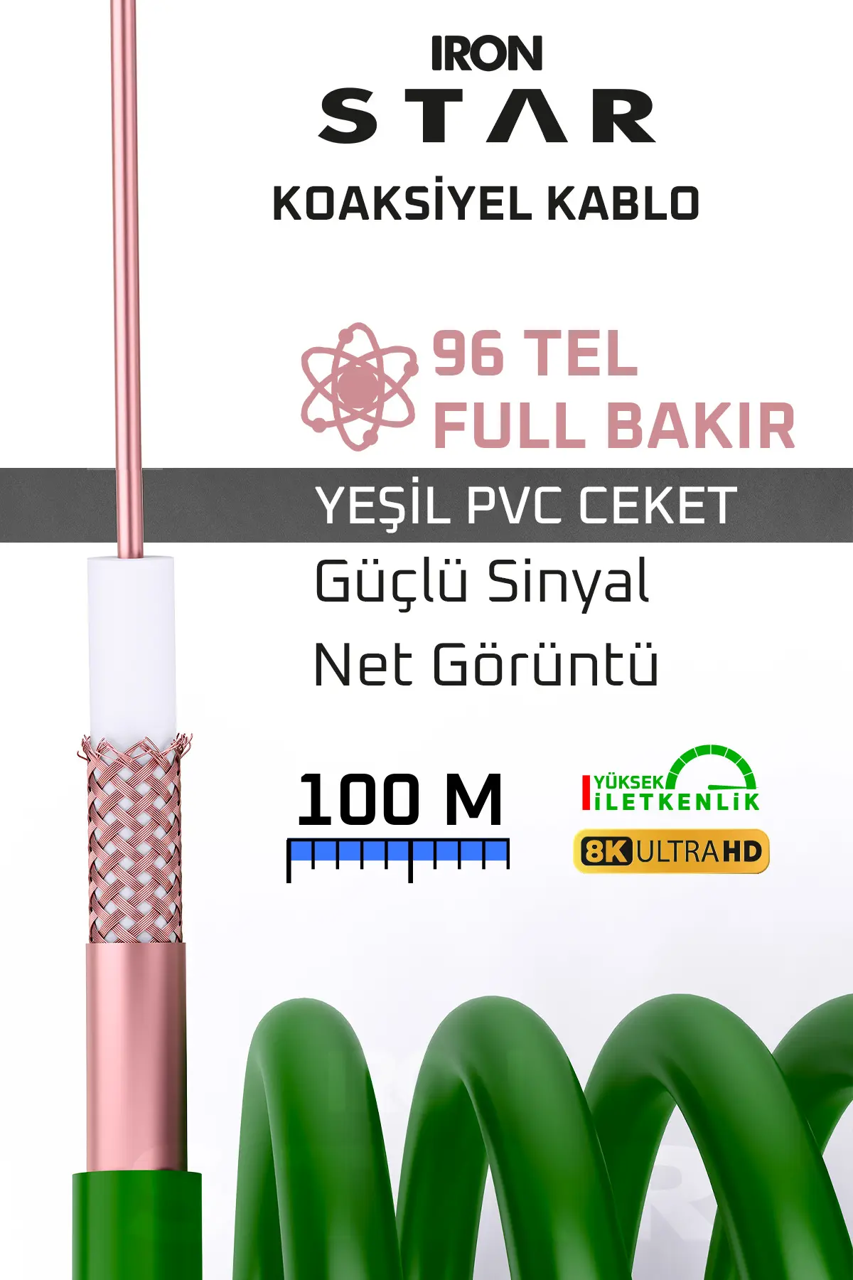 IRONSTAR 96 TEL FULL BAKIR ANTEN KABLOSU 100 METRE YEŞİL