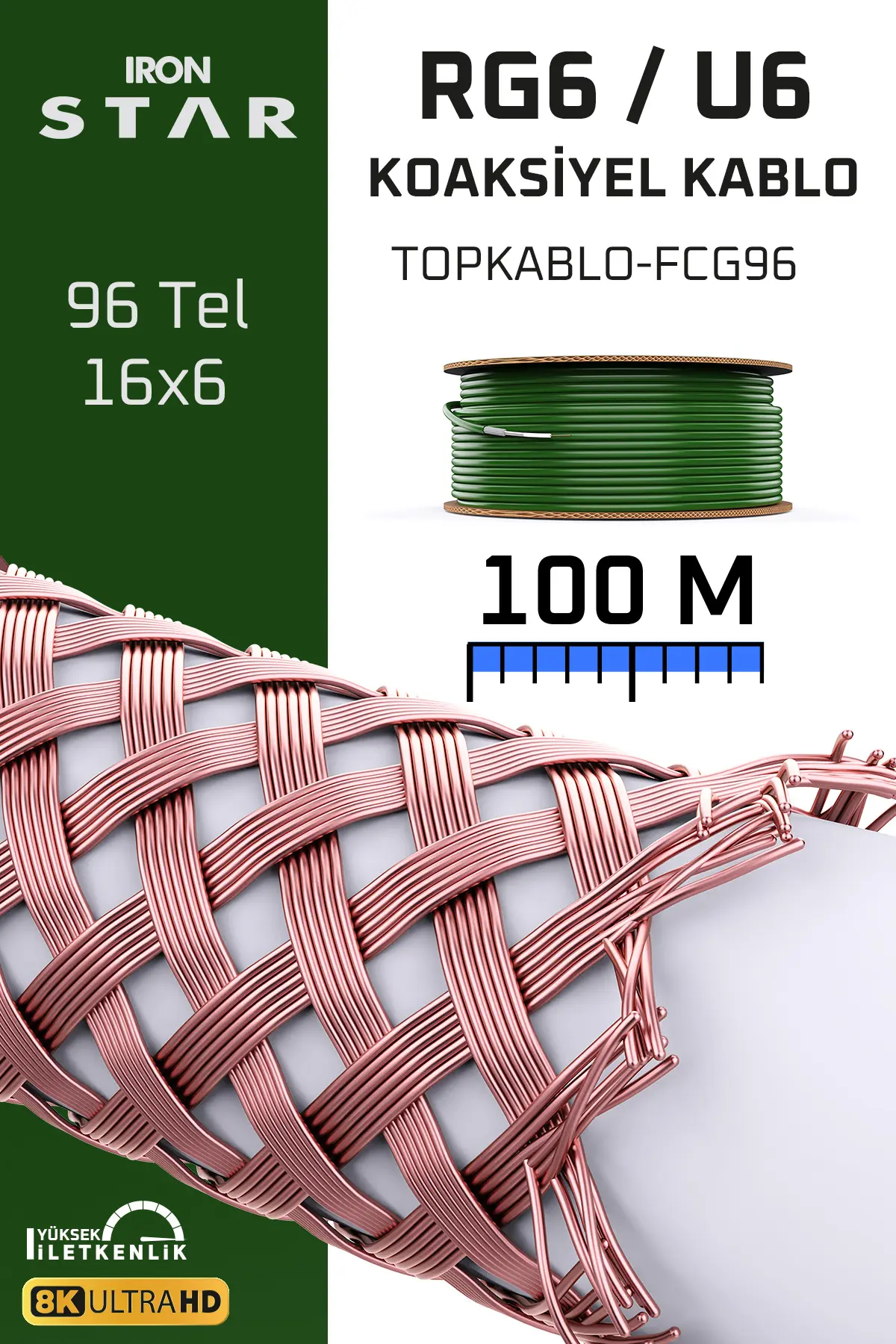 IRONSTAR 96 TEL FULL BAKIR ANTEN KABLOSU 100 METRE YEŞİL
