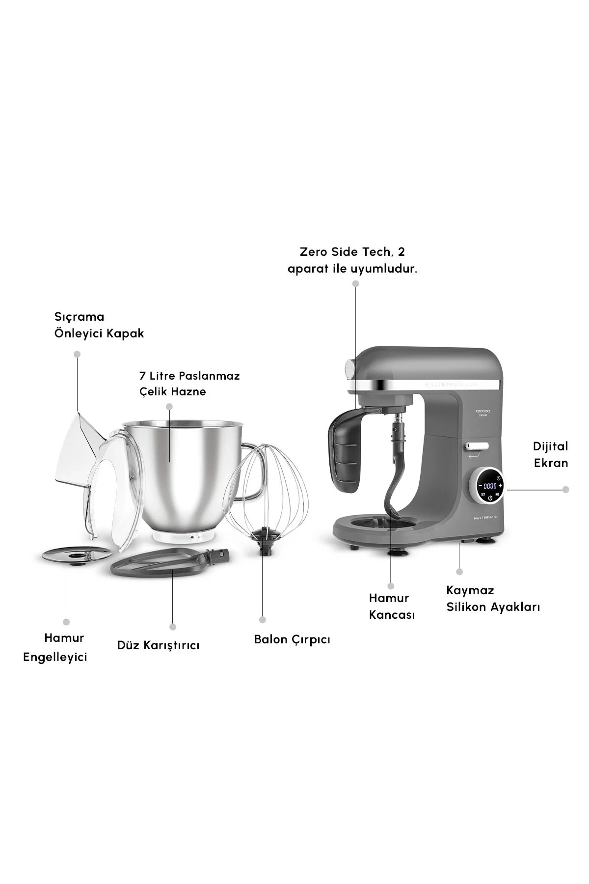 Karaca Mastermaid Chef Ultra D2000W Dijital Ekranlı Hamur Yoğurma Makinesi Galaxy Grey 7L