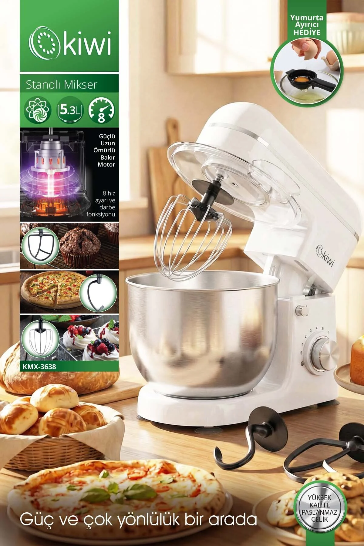 Kiwi Kmx-3638 Hamur Yoğurma & Stand Mikser 5,3 Lt 1300w 8 Hız Kademeli Mutfak Şefi Beyaz