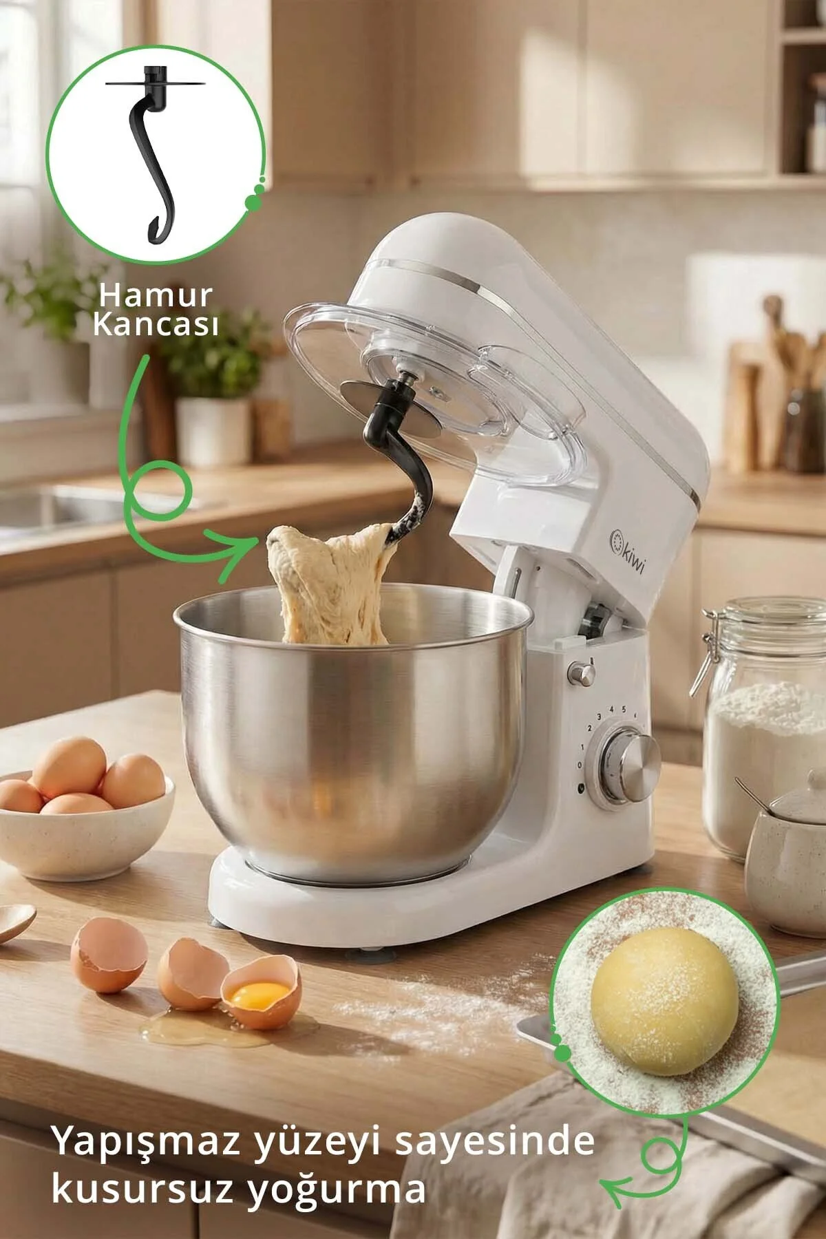 Kiwi Kmx-3638 Hamur Yoğurma & Stand Mikser 5,3 Lt 1300w 8 Hız Kademeli Mutfak Şefi Beyaz