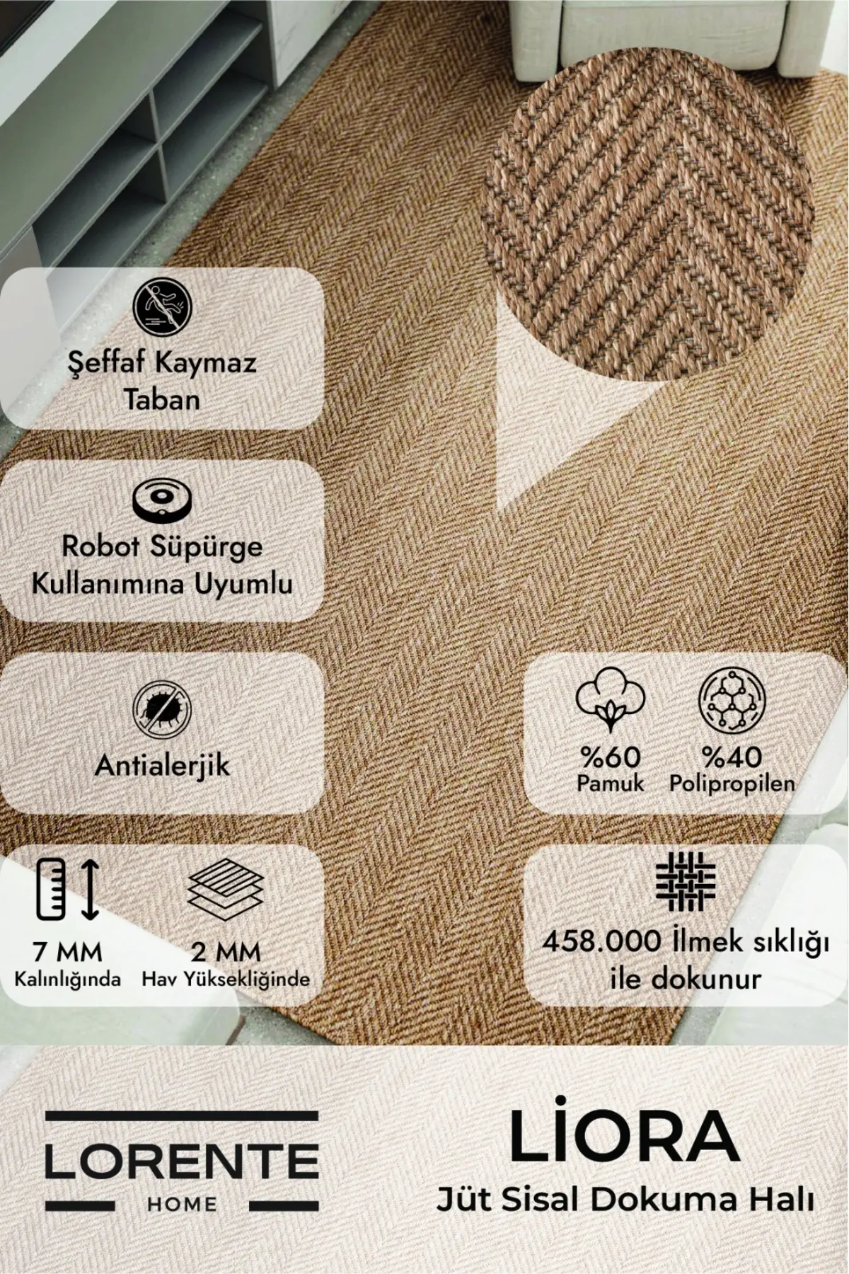 Lorente Home Liora Kahverengi Sisal Hasır Toz Vermez Kaymaz Taban Balkon Bahçe Mutfak Halısı 1901