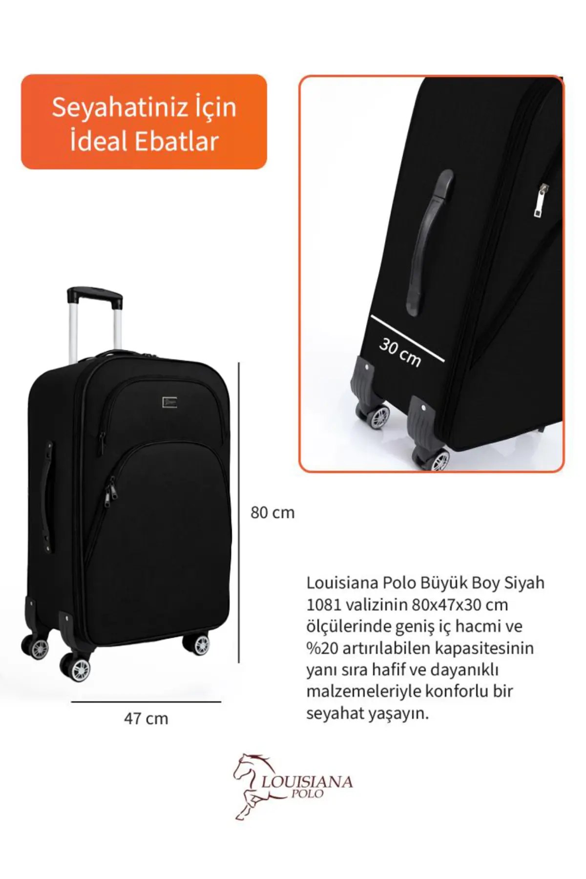 louisiana polo Büyük Boy 4 Teker Kumaş Valiz Siyah 1081
