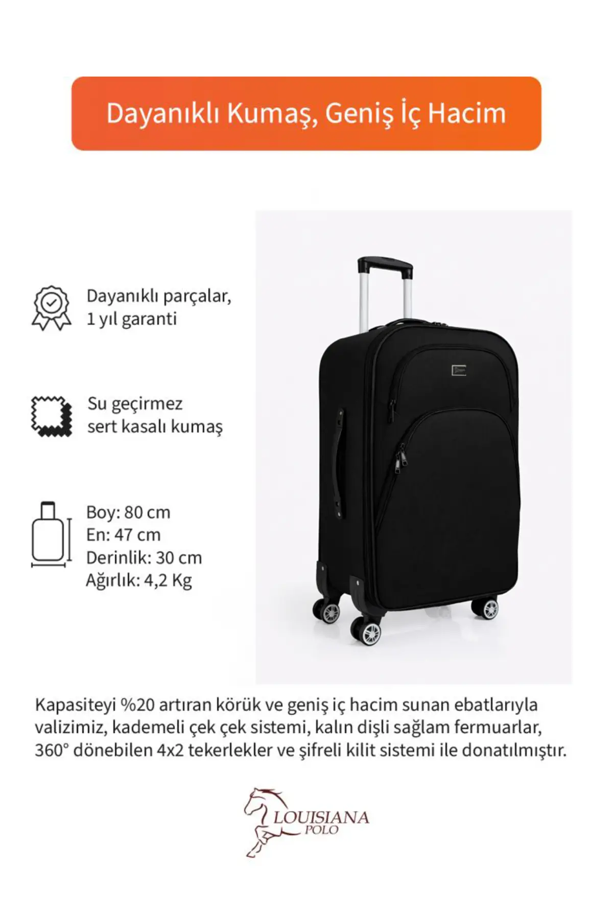 louisiana polo Büyük Boy 4 Teker Kumaş Valiz Siyah 1081