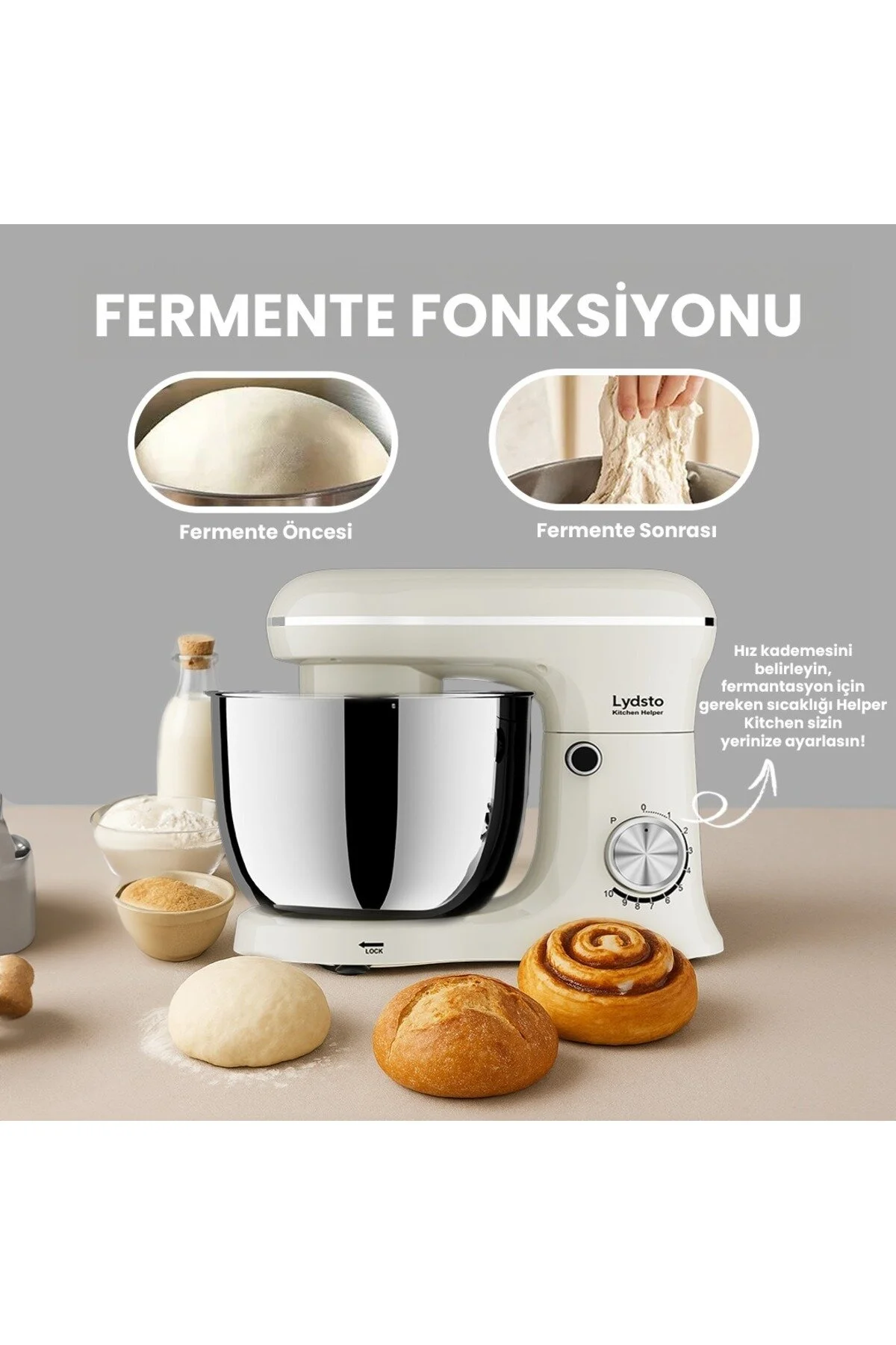 Lydsto Kitchen Helper Pv-4700 1500w-5.2 Litre -10 Kademe Hız Ayarı Stand Mikser Hamur Yoğurma Makinesi Krem