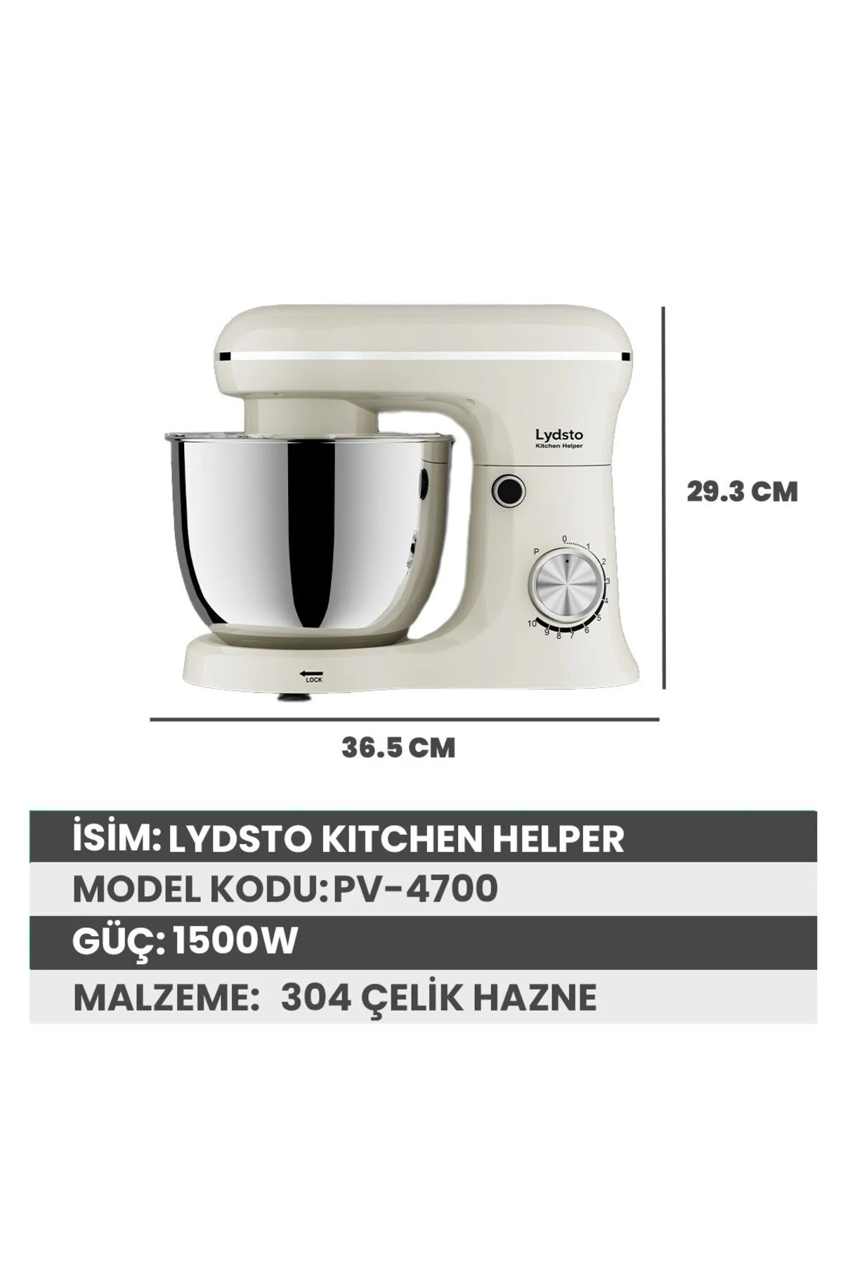 Lydsto Kitchen Helper Pv-4700 1500w-5.2 Litre -10 Kademe Hız Ayarı Stand Mikser Hamur Yoğurma Makinesi Krem