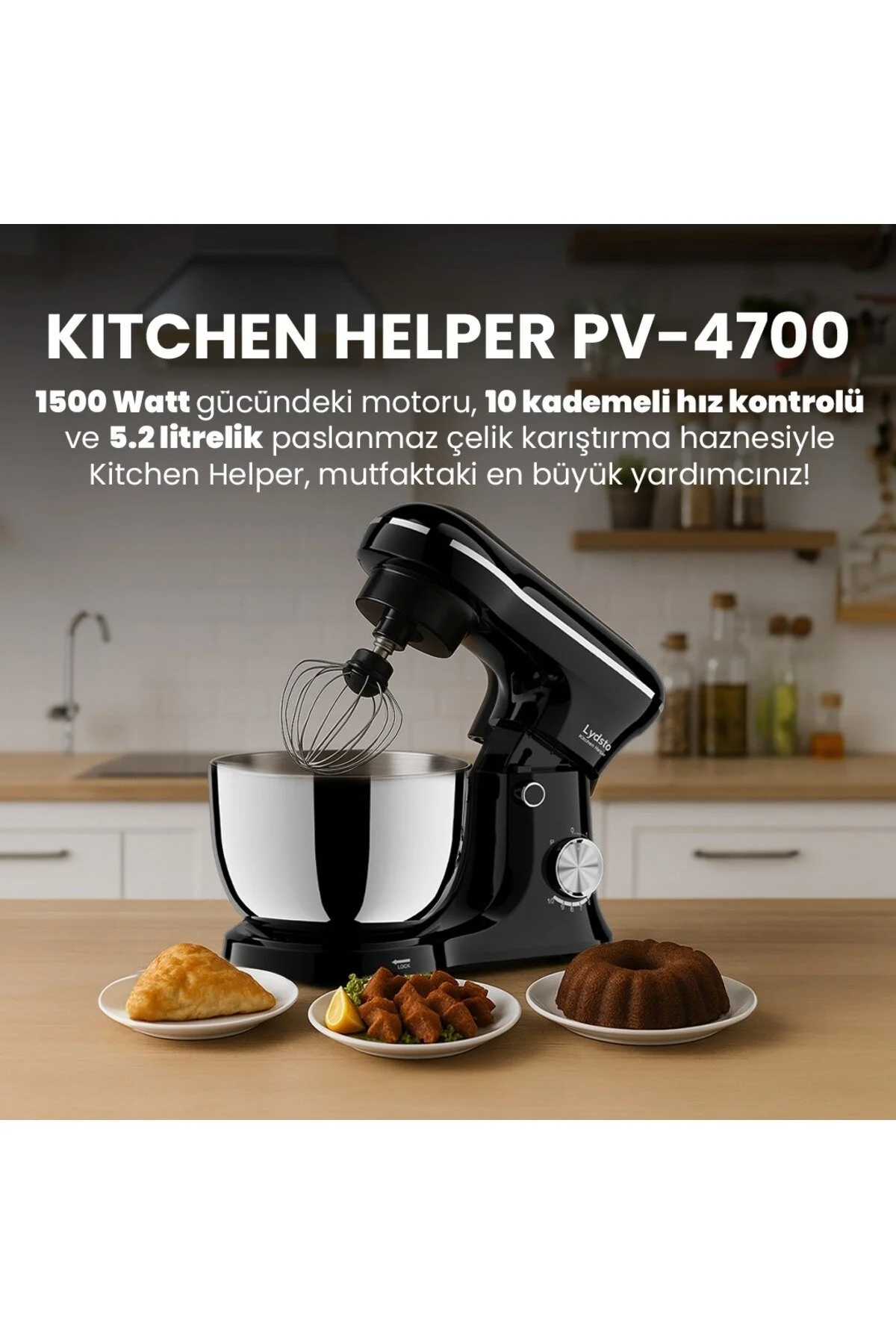 Lydsto Kitchen Helper Pv-4700 1500w-5.2 Litre -10 Kademe Hız Ayarı Stand Mikser Hamur Yoğurma Makinesi Krem