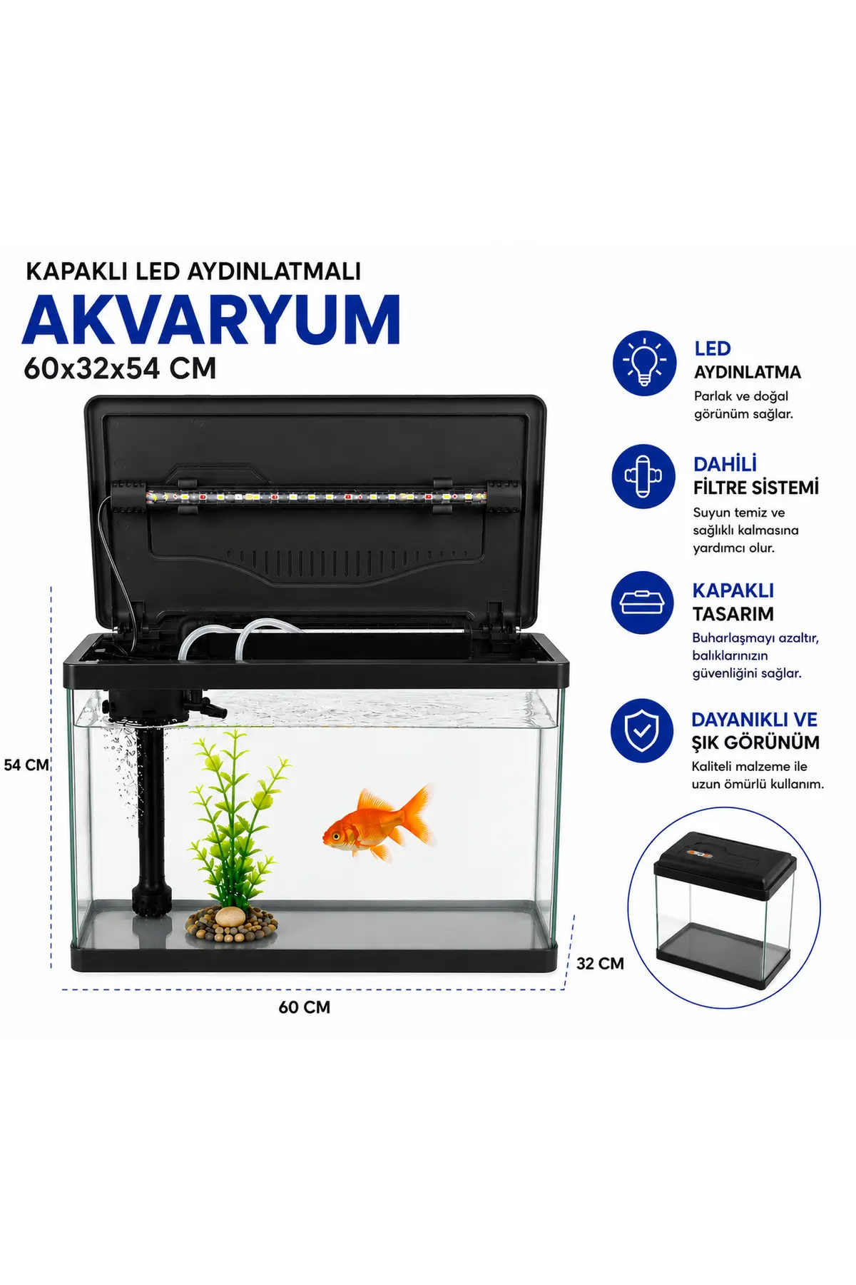 makro İTHAL AKVARYUM / FULL SET / FİLTRE + LED IŞIK / 60X32X54 CM SİYAH