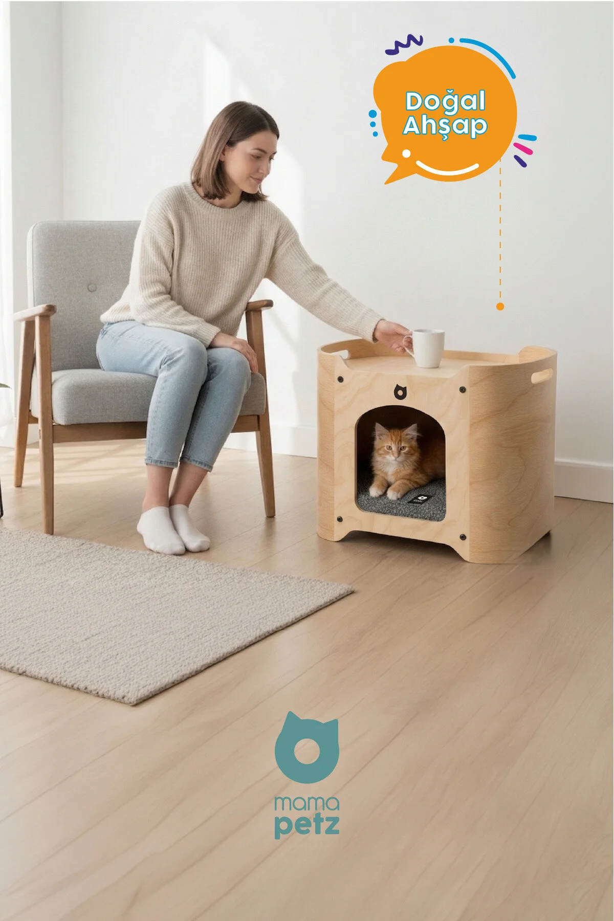 MAMATOYZ Mamapetz - Ahşap kedi ve küçük ırk köpek kulübe ve yatağı Luta Large - doğal ahşap