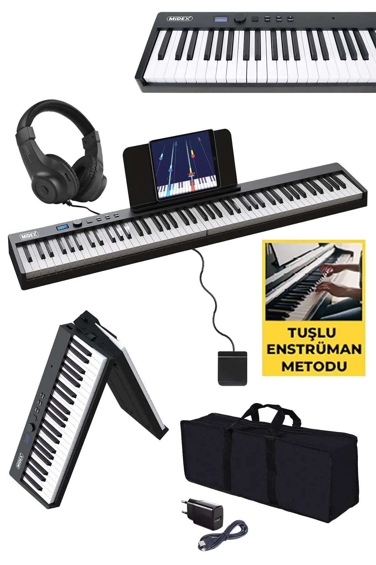 Midex Plx-100bk Taşınabilir Dijital Piyano Tuş Hassasiyetli 88 Tuş Bluetooth Şarjlı Full Set