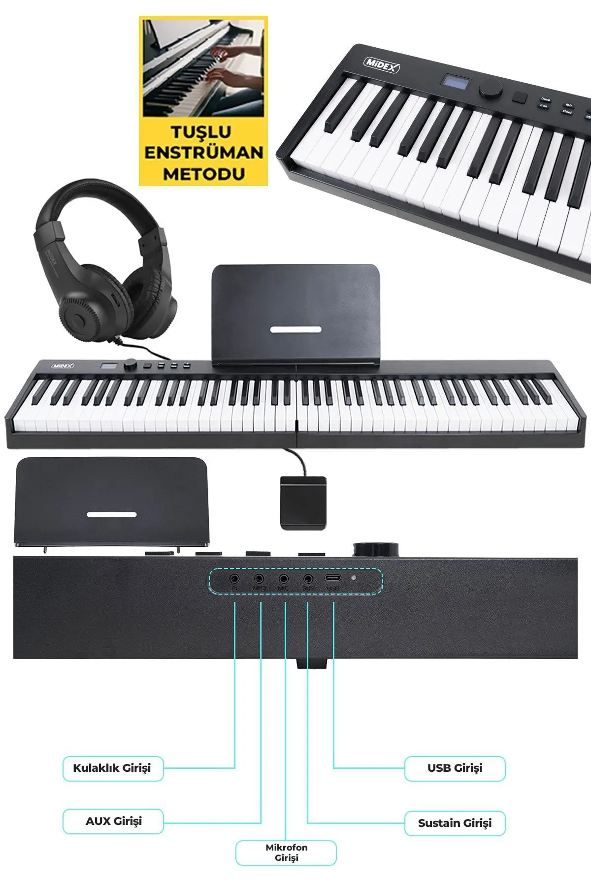 Midex Plx-100bk Taşınabilir Dijital Piyano Tuş Hassasiyetli 88 Tuş Bluetooth Şarjlı Full Set