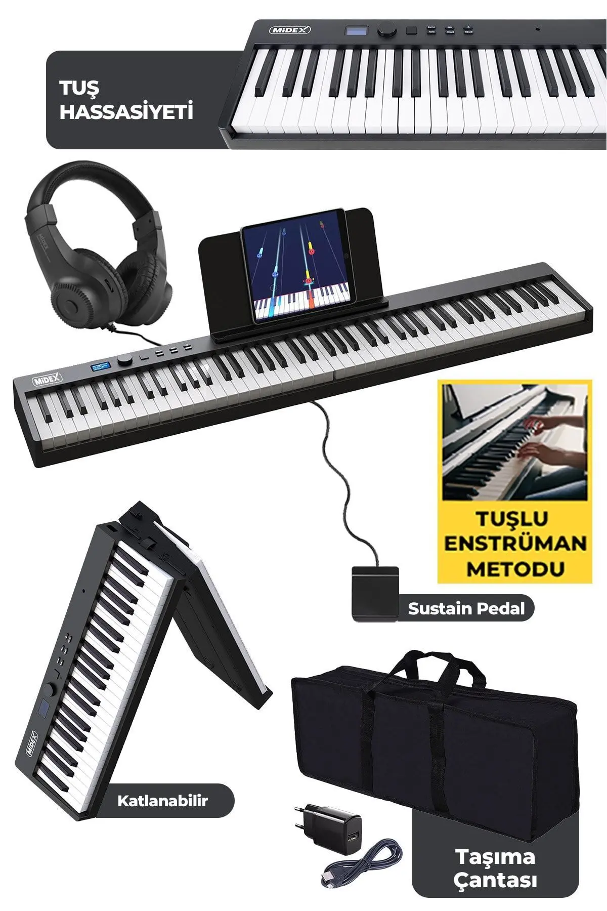 Midex Plx-100bk Taşınabilir Dijital Piyano Tuş Hassasiyetli 88 Tuş Bluetooth Şarjlı Full Set