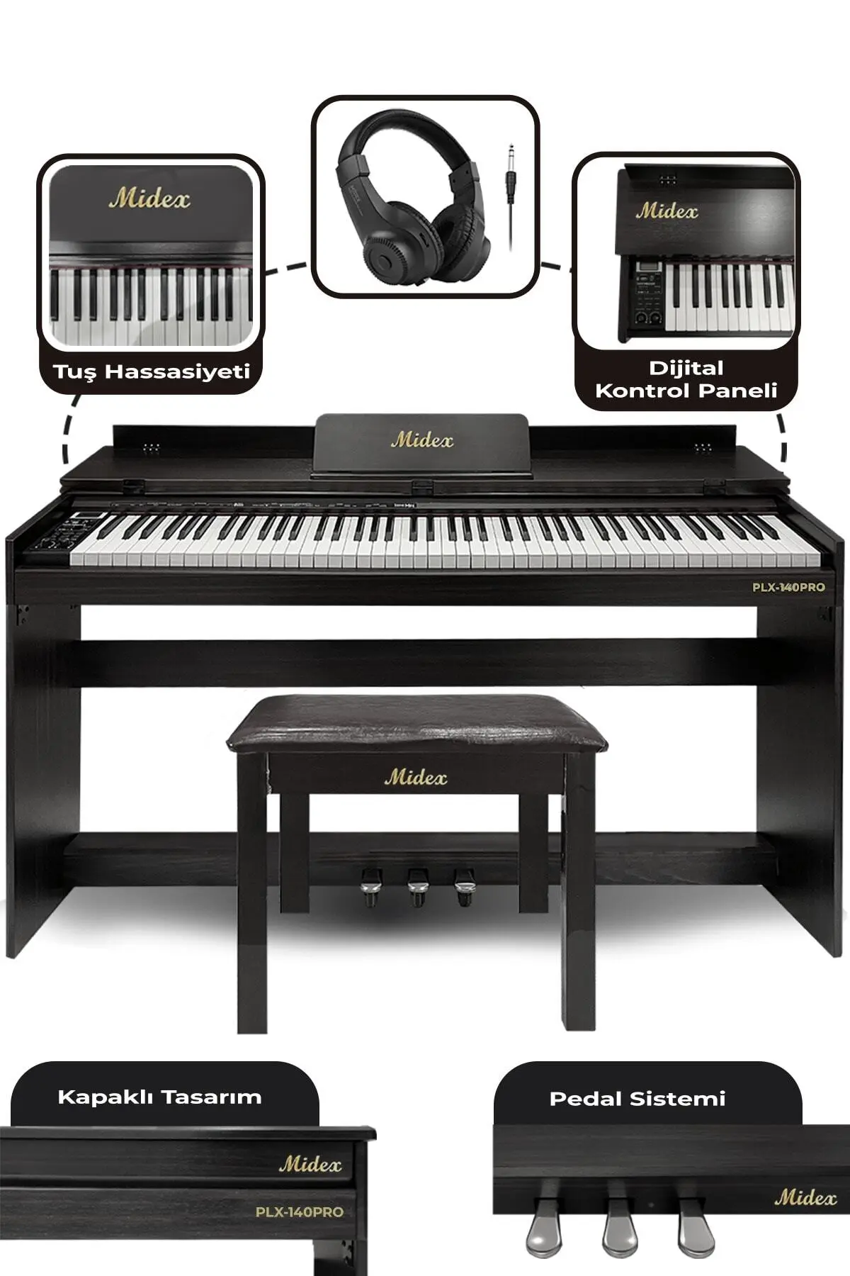 Midex Plx-140 Pro-bk Dijital Piyano Bluetooth Tuş Hassasiyeti 88 Tuşlu Kapaklı (KULAKLIK VE TABURE)