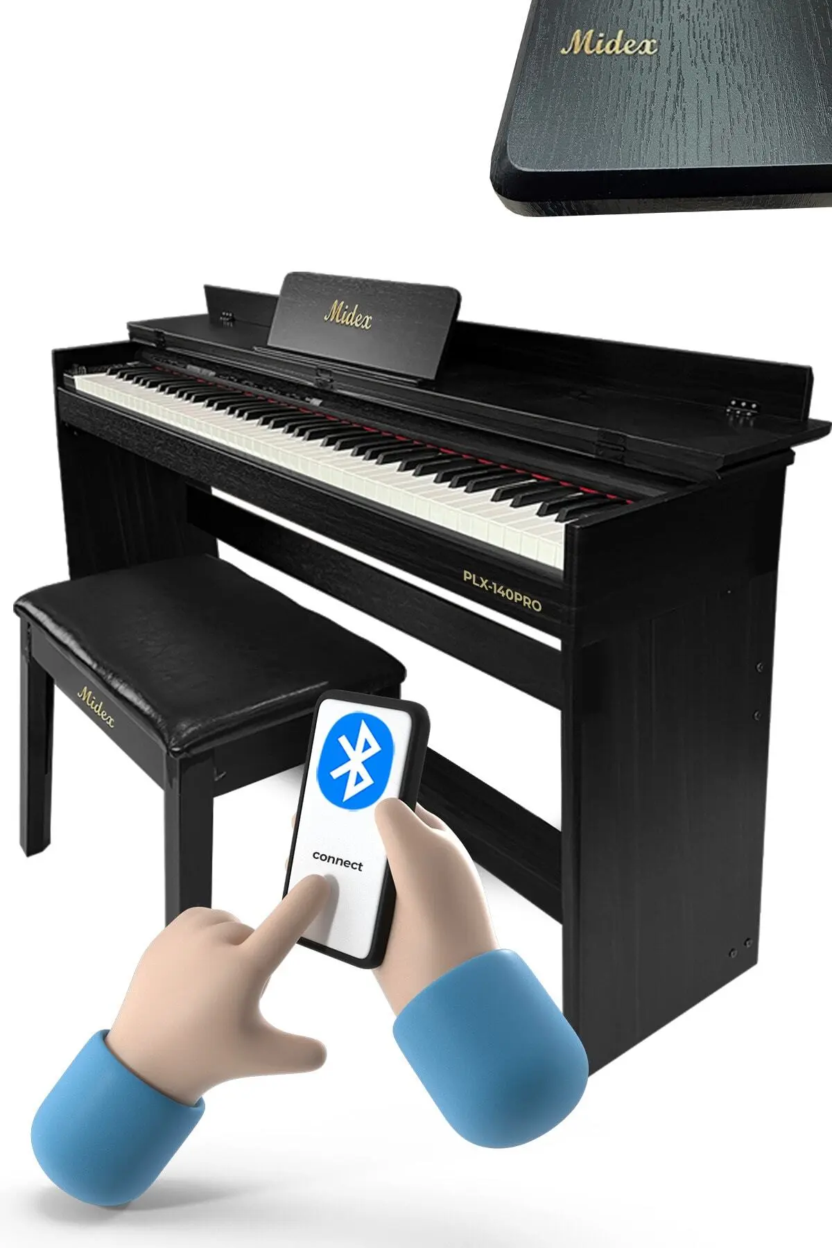 Midex Plx-140 Pro-bk Dijital Piyano Bluetooth Tuş Hassasiyeti 88 Tuşlu Kapaklı (KULAKLIK VE TABURE)
