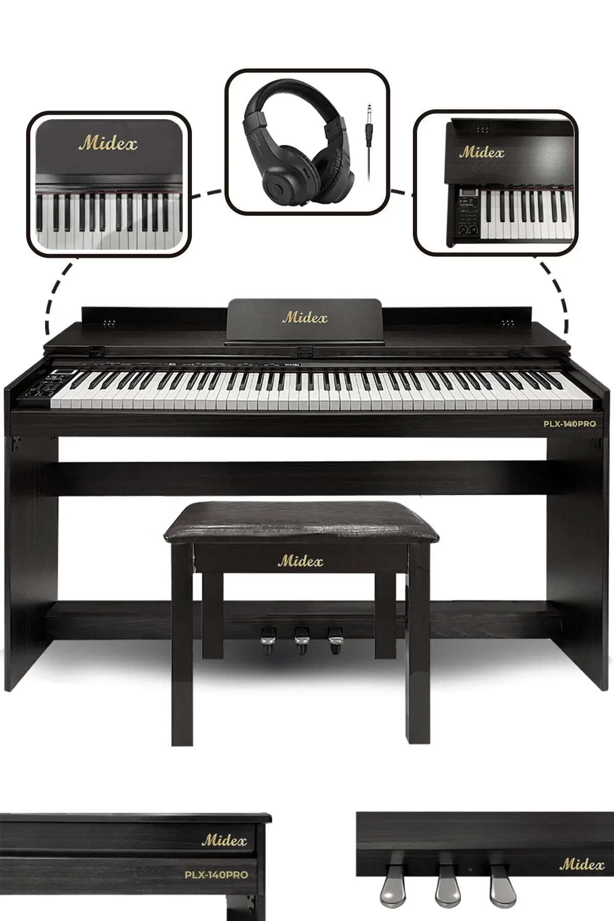 Midex Plx-140 Pro-bk Dijital Piyano Bluetooth Tuş Hassasiyeti 88 Tuşlu Kapaklı (KULAKLIK VE TABURE)