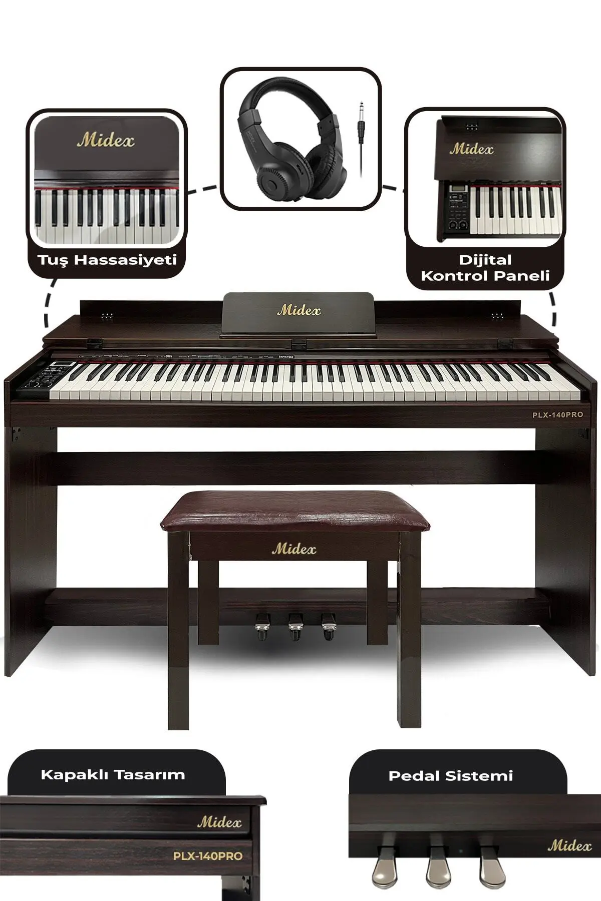 Midex Plx-140 Pro-sr Dijital Piyano Bluetooth Tuş Hassasiyeti 88 Tuşlu Kapaklı (KULAKLIK VE TABURE)
