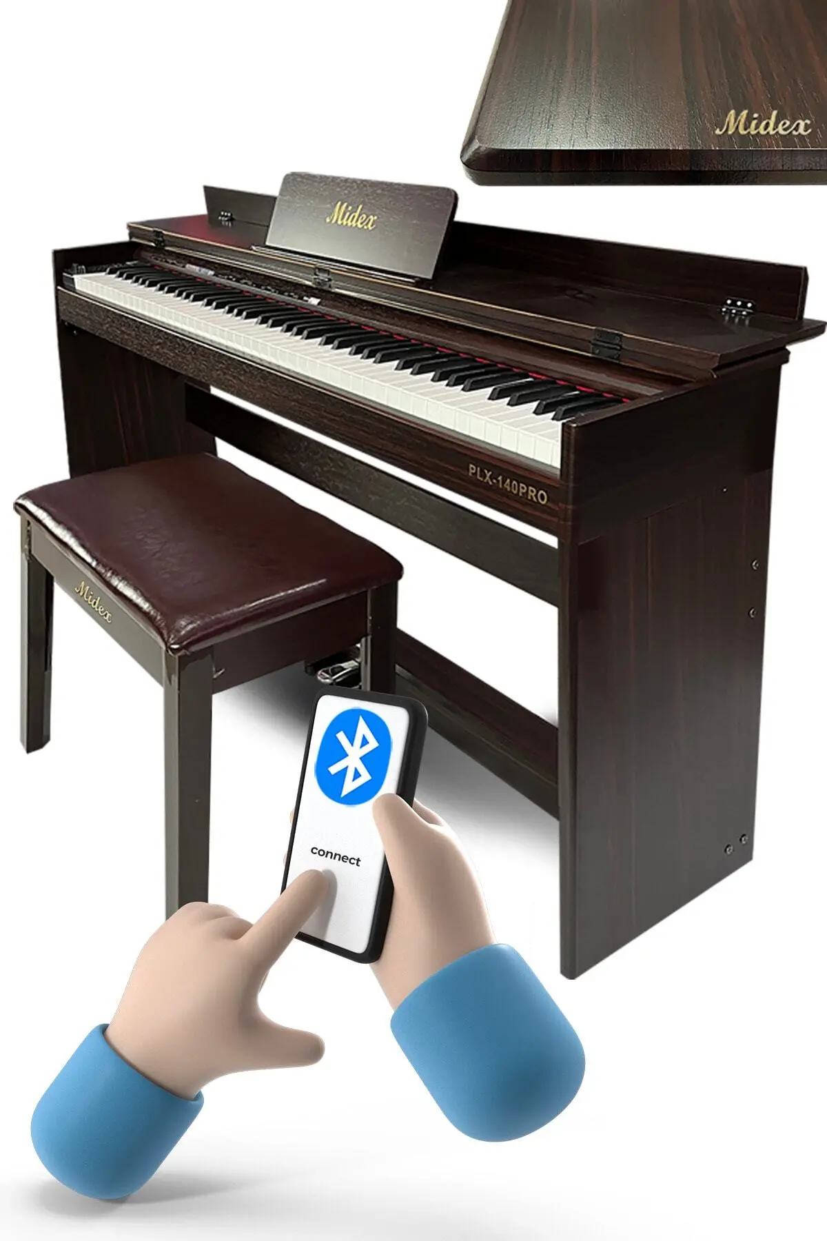 Midex Plx-140 Pro-sr Dijital Piyano Bluetooth Tuş Hassasiyeti 88 Tuşlu Kapaklı (KULAKLIK VE TABURE)