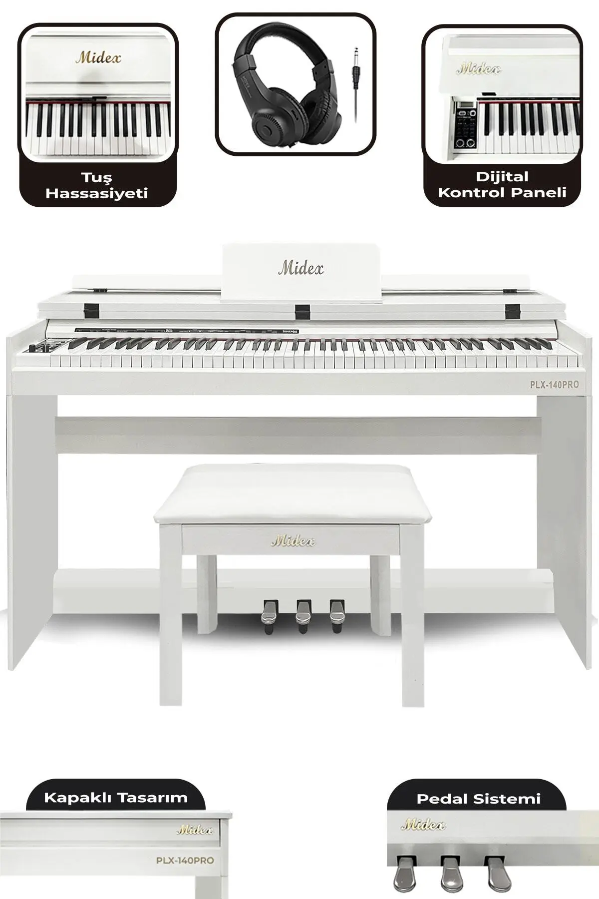 Midex Plx-140 Pro-wh Dijital Piyano Bluetooth Tuş Hassasiyeti 88 Tuşlu Kapaklı (KULAKLIK VE TABURE)
