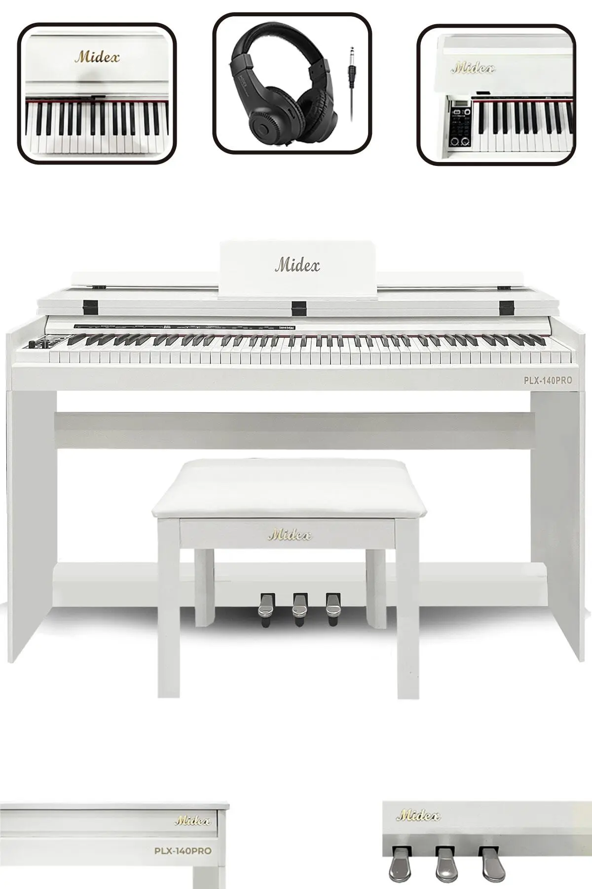 Midex Plx-140 Pro-wh Dijital Piyano Bluetooth Tuş Hassasiyeti 88 Tuşlu Kapaklı (KULAKLIK VE TABURE)