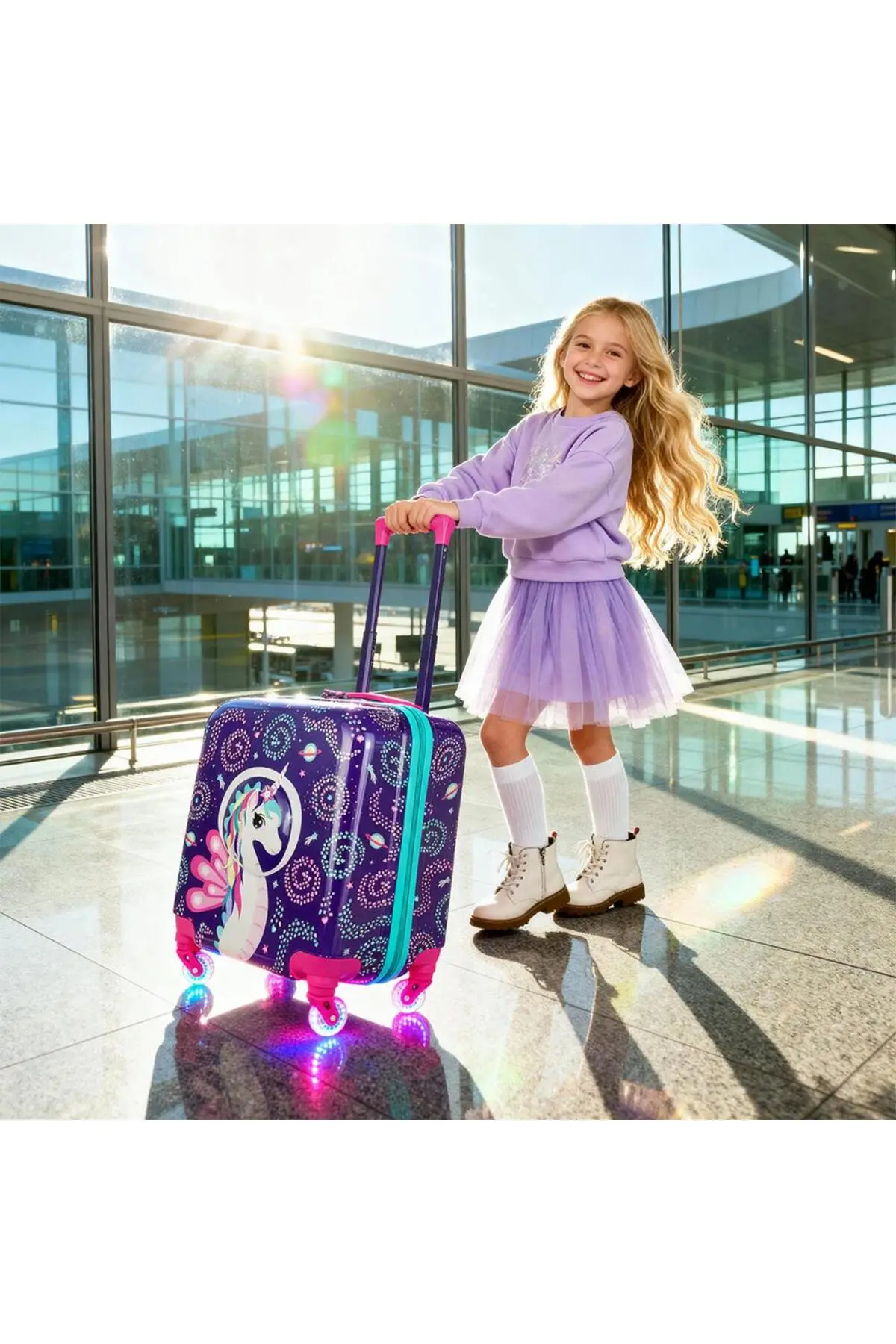 Milk & Moo Milk&Moo Renkli Işıklı Tekerlekli Çekçekli Çocuk Valiz 3D Ayris Tasarımlı