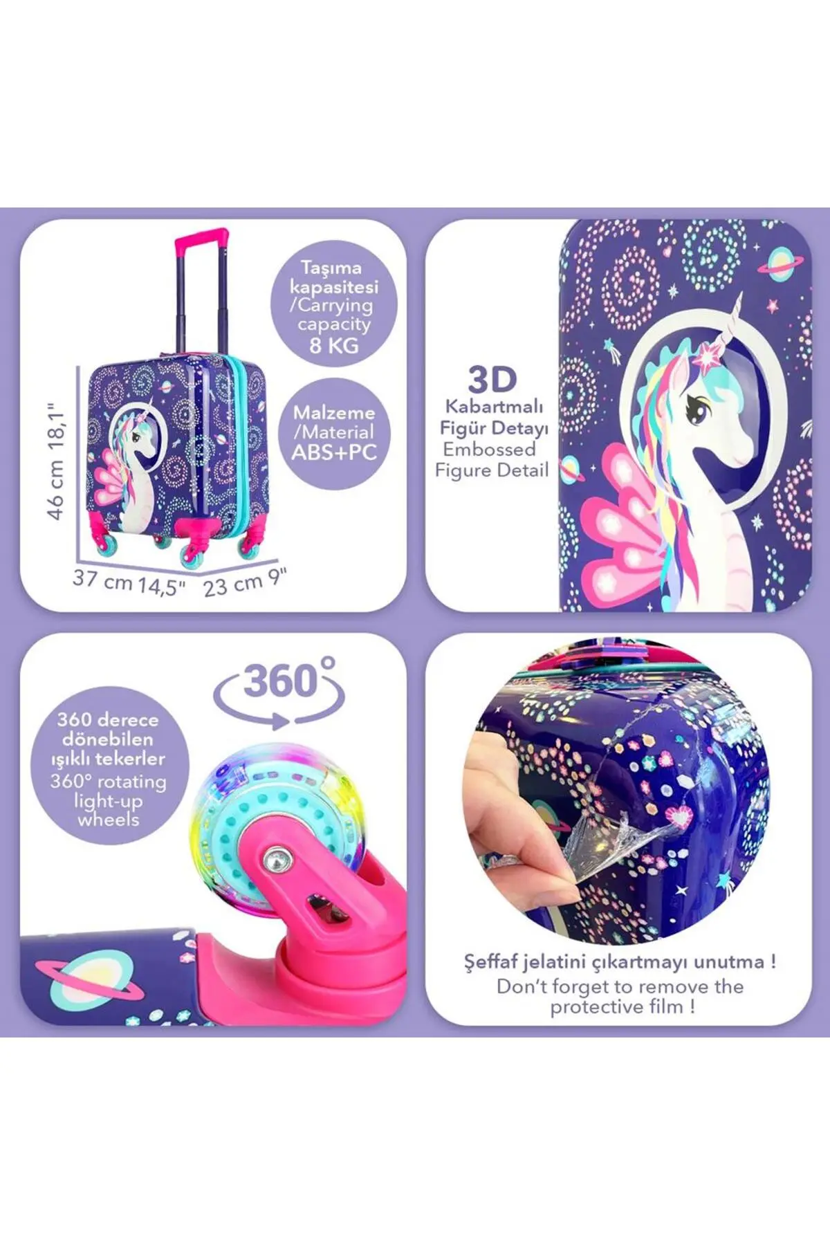 Milk & Moo Milk&Moo Renkli Işıklı Tekerlekli Çekçekli Çocuk Valiz 3D Ayris Tasarımlı