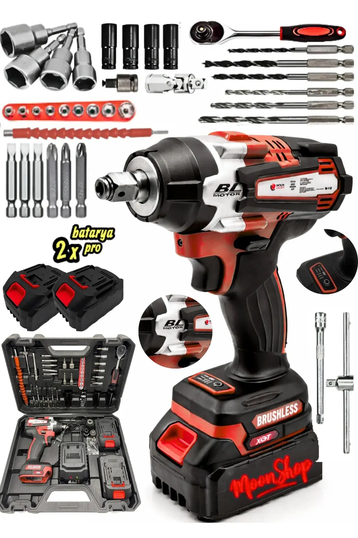 MOONSHOP Alman 58 V 20 Ah Akülü Somun Bijon Sökme Takma Sıkma Matkap Kömürsüz Akülü Vidalama 45 Parça Setli