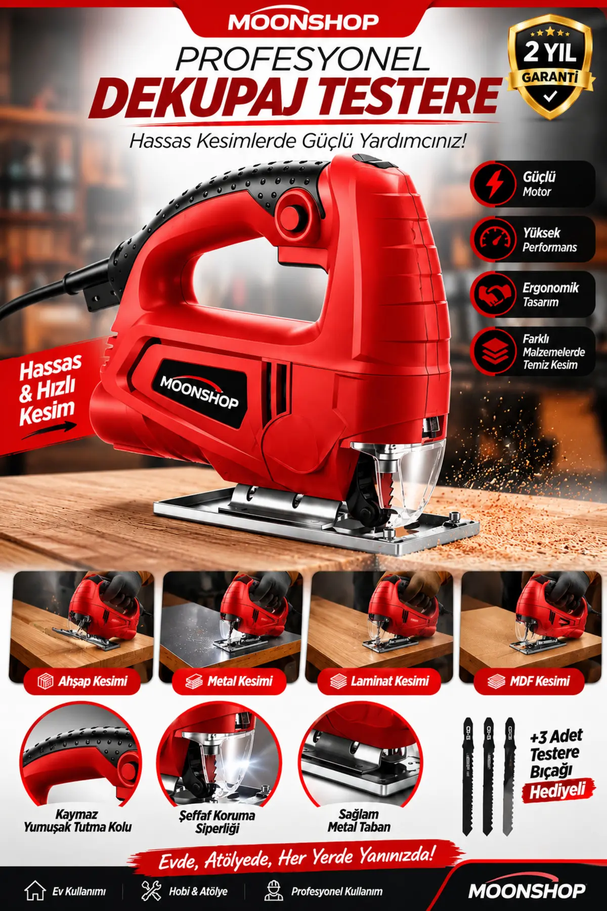 MOONSHOP Alman Teknoloji Bakır Sargılı 3000 w Professional Devir Ayarlı Dekupaj Bıçkı Testere Makinası