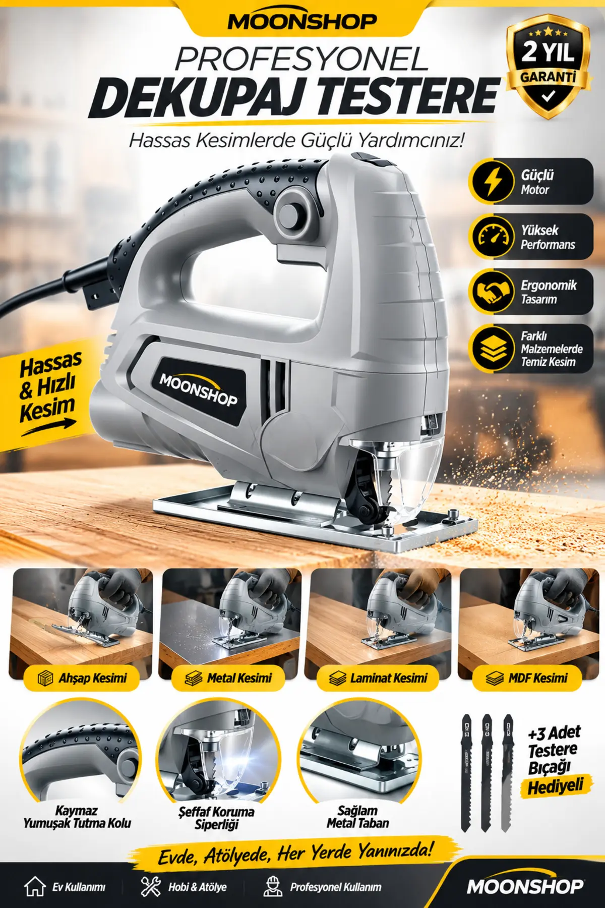 MOONSHOP Alman Teknoloji Bakır Sargılı 3000 w Professional Devir Ayarlı Dekupaj Bıçkı Testere Makinası