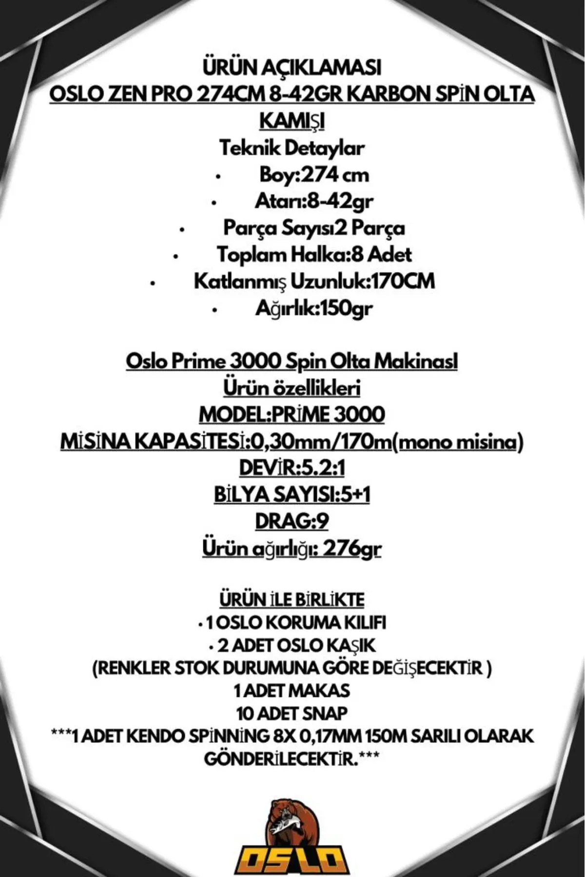 Oslo Zen Pro 274cm 8-42gr Prime 3000 Spin Olta Seti