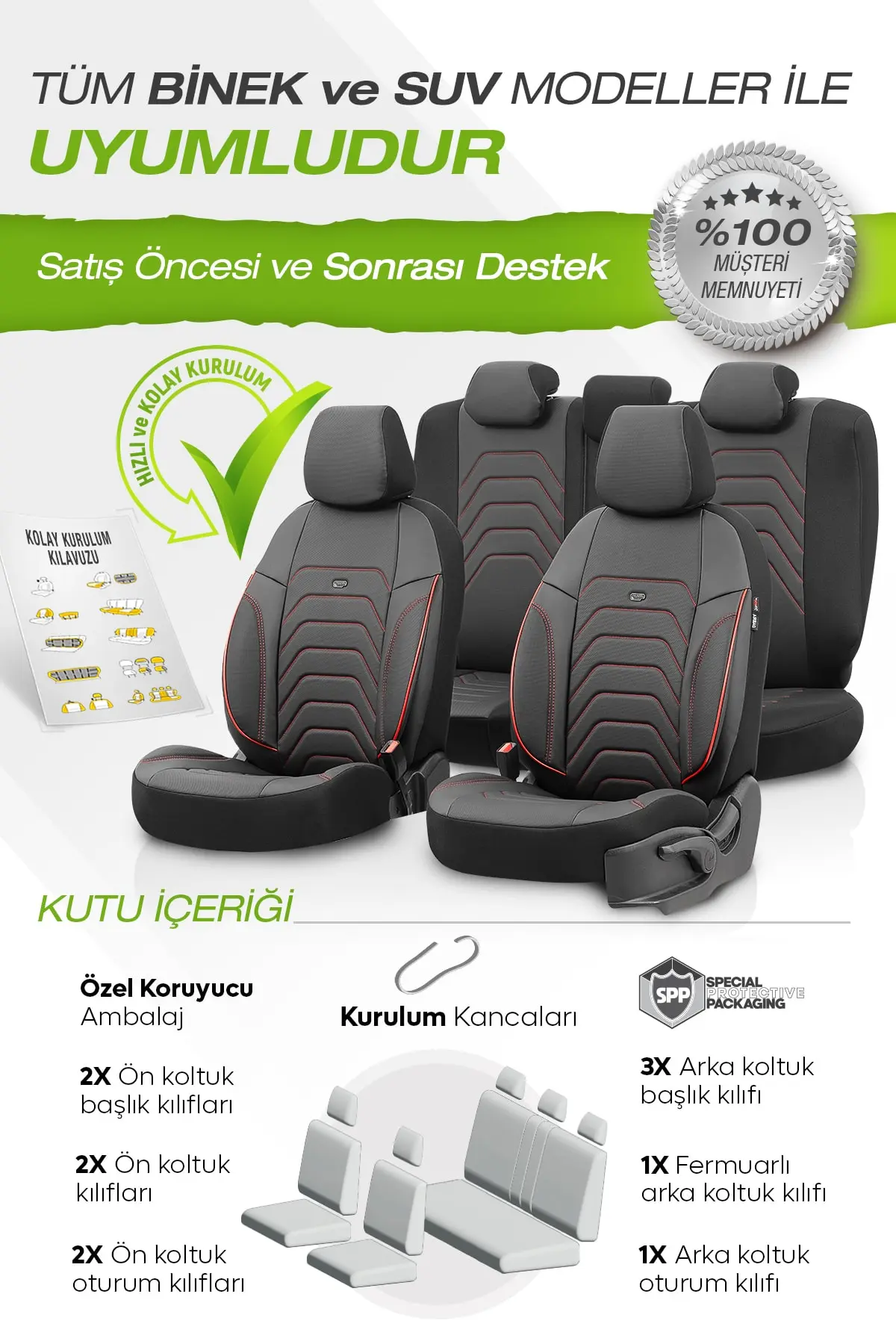 Otom Oto Koltuk Kılıfı Tam Set Deri Kırmızı Ekstra Destekli - Core