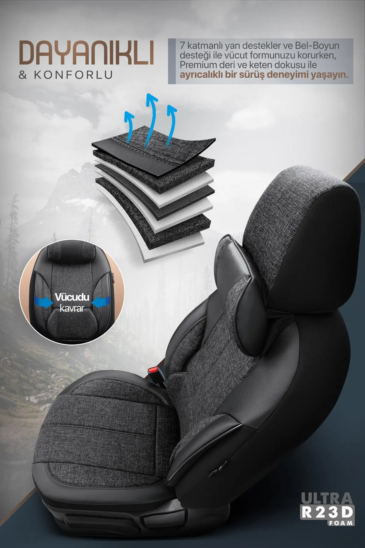 Otom Voyager Design Boyun Ve Bel Destekli Premium Deri-keten Ultra Konforlu Universal Oto Koltuk Kılıfı