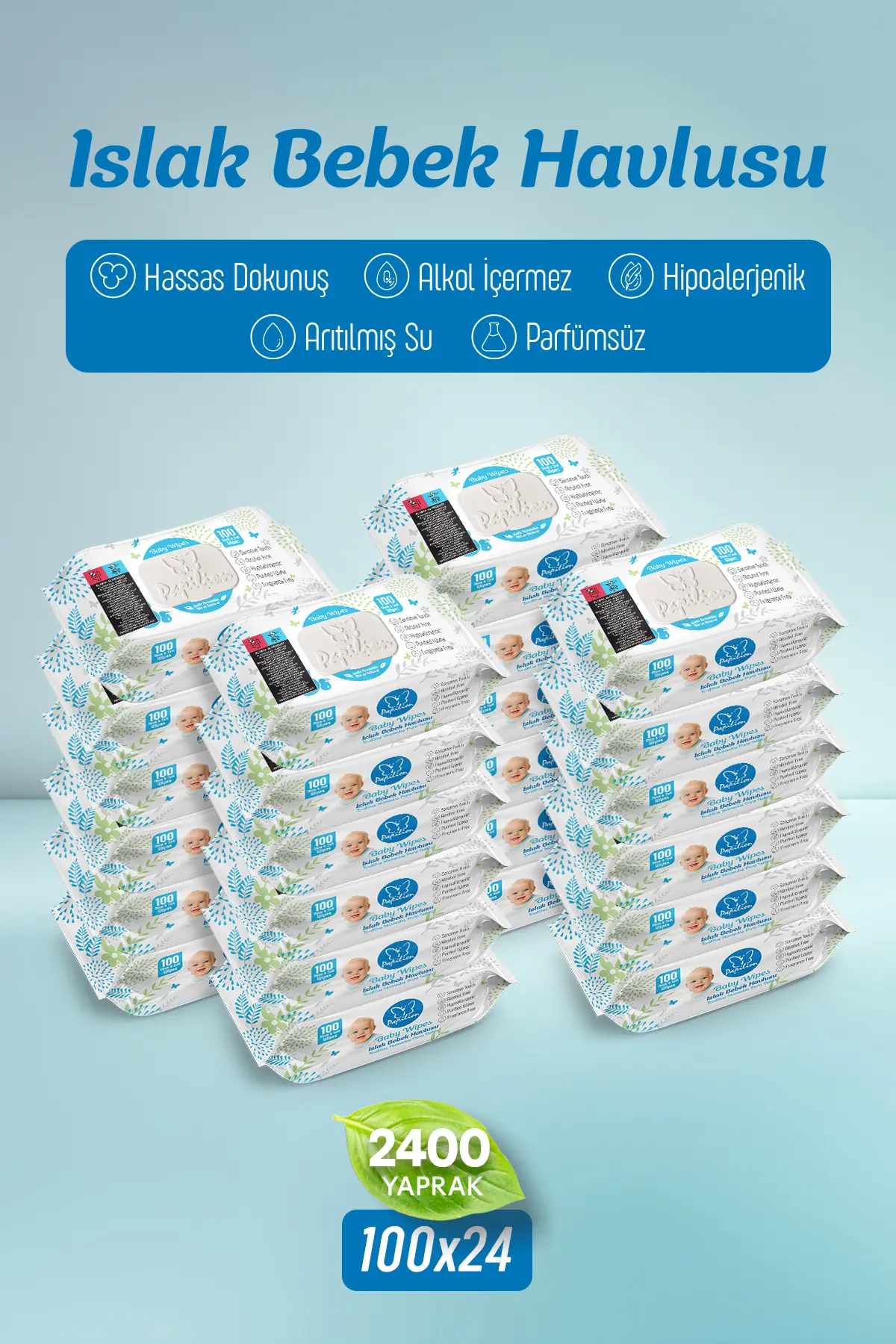 Papilion Baby Wipes Hypoallergenic Kokusuz Islak Bebek Havlusu Extra Kalın 24x100 – 2400 Yaprak Mega Paket