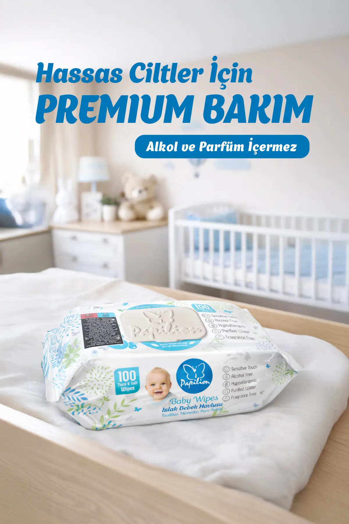 Papilion Baby Wipes Hypoallergenic Kokusuz Islak Bebek Havlusu Extra Kalın 24x100 – 2400 Yaprak Mega Paket