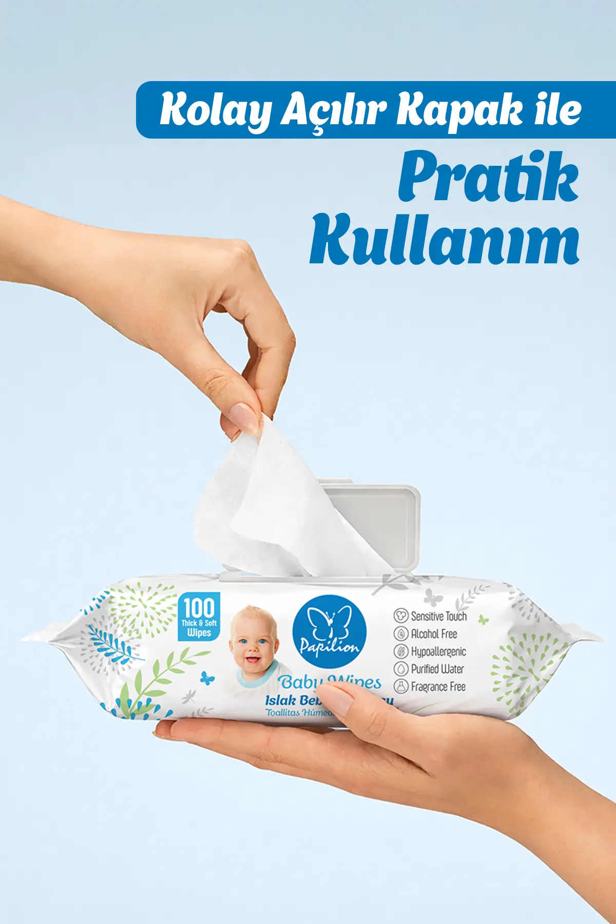 Papilion Baby Wipes Hypoallergenic Kokusuz Islak Bebek Havlusu Extra Kalın 24x100 – 2400 Yaprak Mega Paket