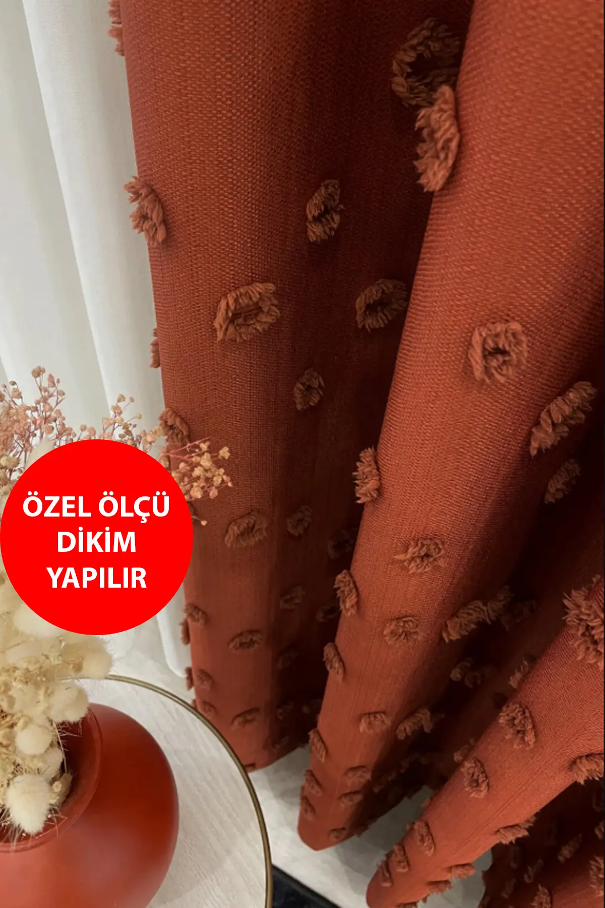 Perde Pendik Fon Perde Kiremit Tarçın Pufy Püsküllü, Ponponlu, Perde Sık Pileli Keten Pano Fon Tek Kanat