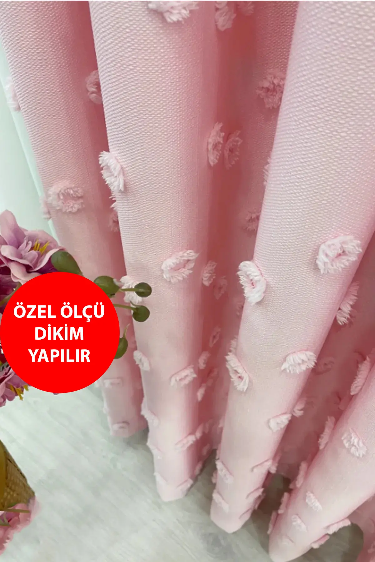Perde Pendik Fon Perde Şeker Pembe Pufy Püsküllü, Ponponlu, Perde Sık Pileli Keten Pano Fon Tek Kanat