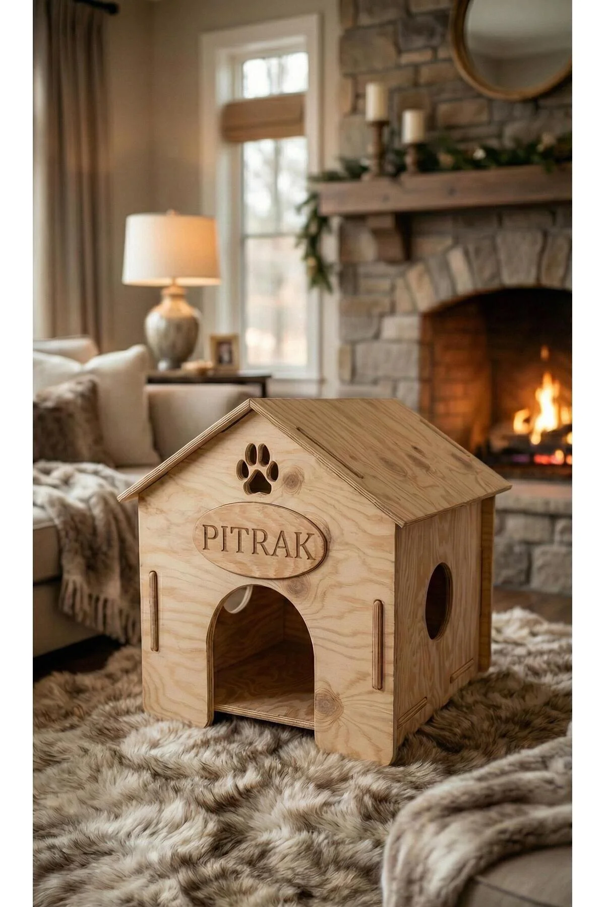 PitrakStore İÇ MEKAN KEDİ-KÖPEK EVİ KULUBESİ İSİMLİKLİ 12mm ÇAM AĞACI KOLAY MONTAJ