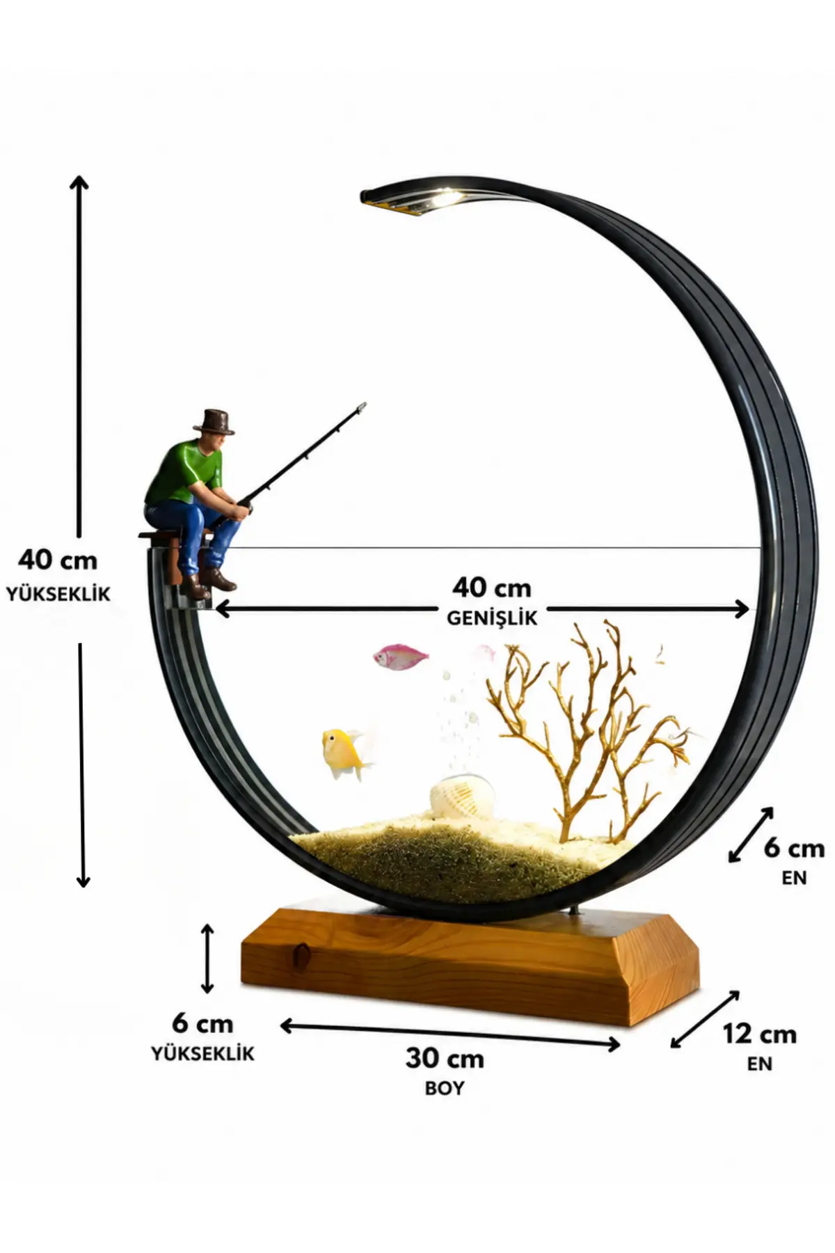 Poyel Decor Modern Tasarım Dekoratif Akvaryum – Amber Led Aydınlatmalı 40 cm +Balık Tutan Adam Figürü
