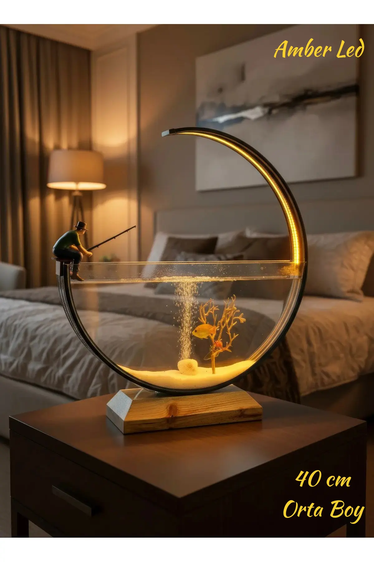 Poyel Decor Modern Tasarım Dekoratif Akvaryum – Amber Led Aydınlatmalı 40 cm +Balık Tutan Adam Figürü