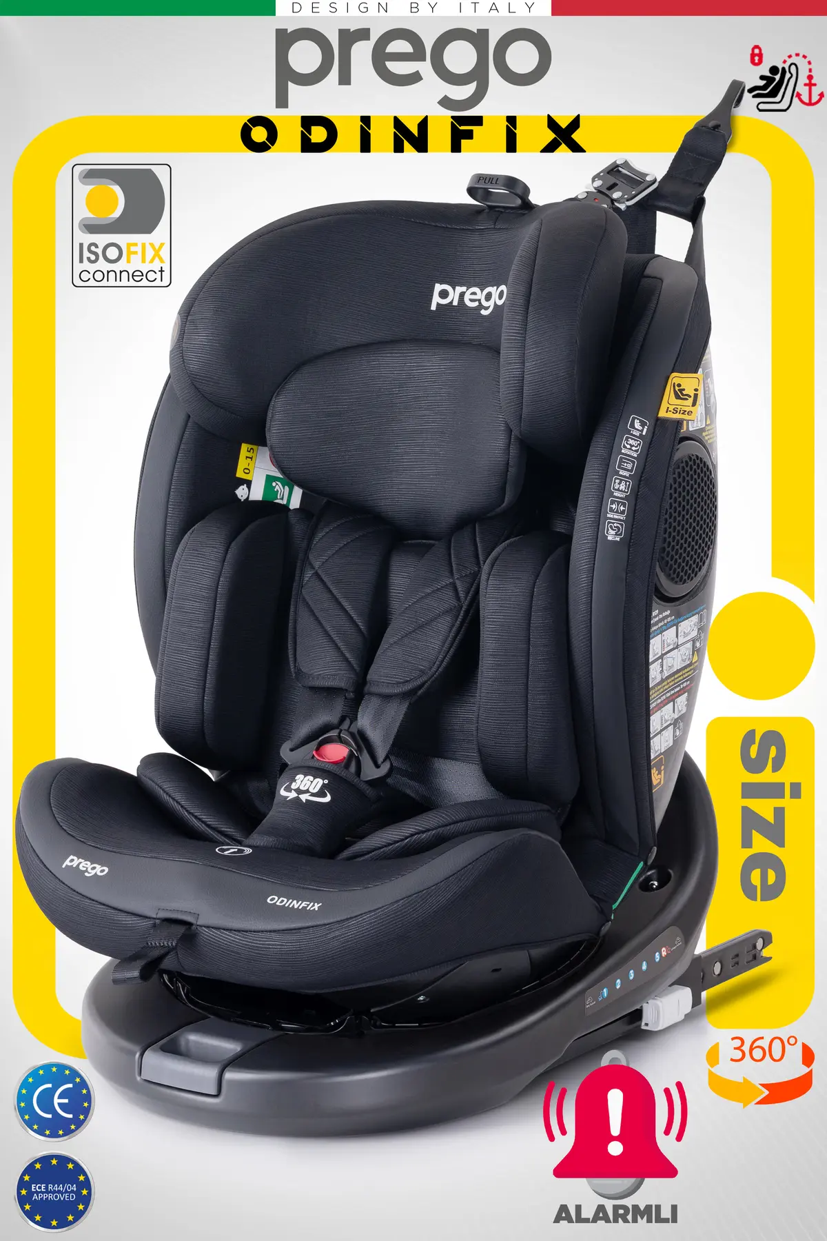 Prego Odinfix Alarmlı 360 Derece Dönebilen -0-36 Kg -İ-Size Belgeli - Top Tetherlı Oto Koltuğu