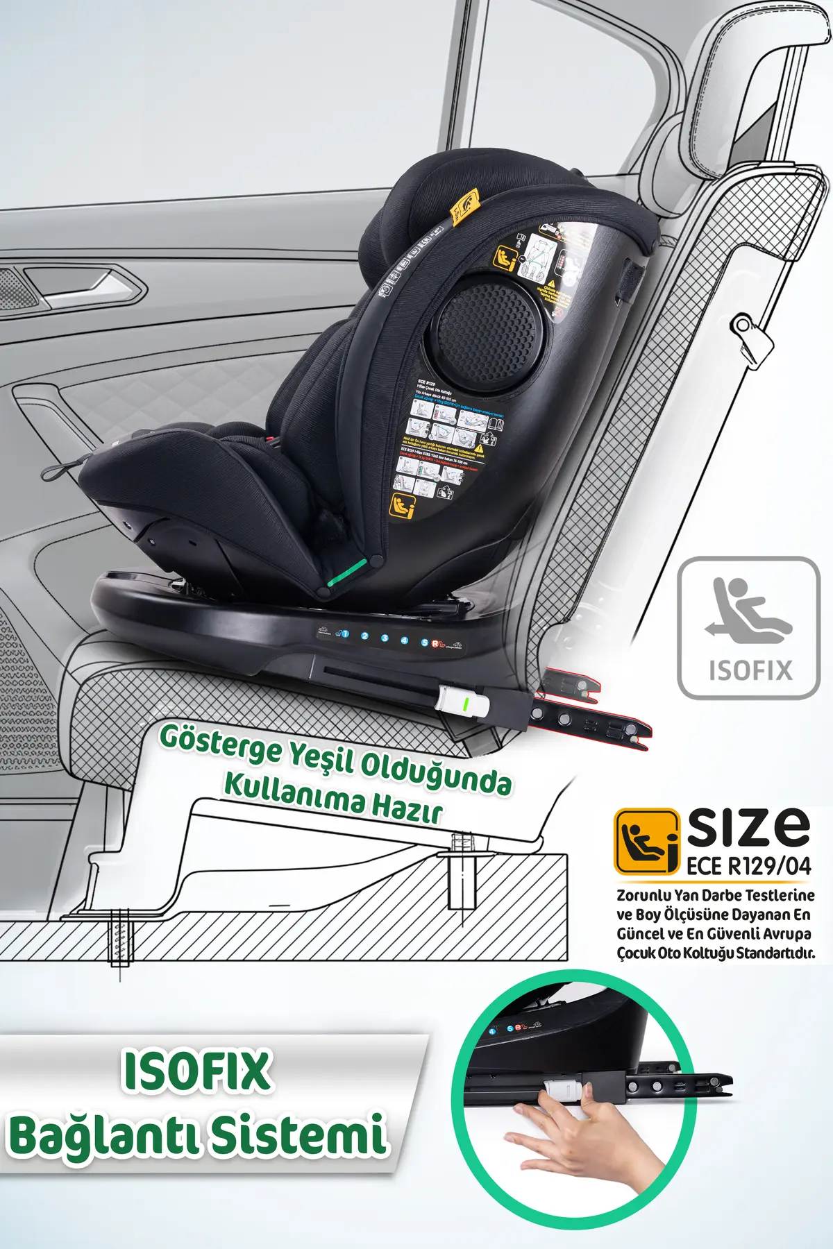 Prego Odinfix Alarmlı 360 Derece Dönebilen -0-36 Kg -İ-Size Belgeli - Top Tetherlı Oto Koltuğu