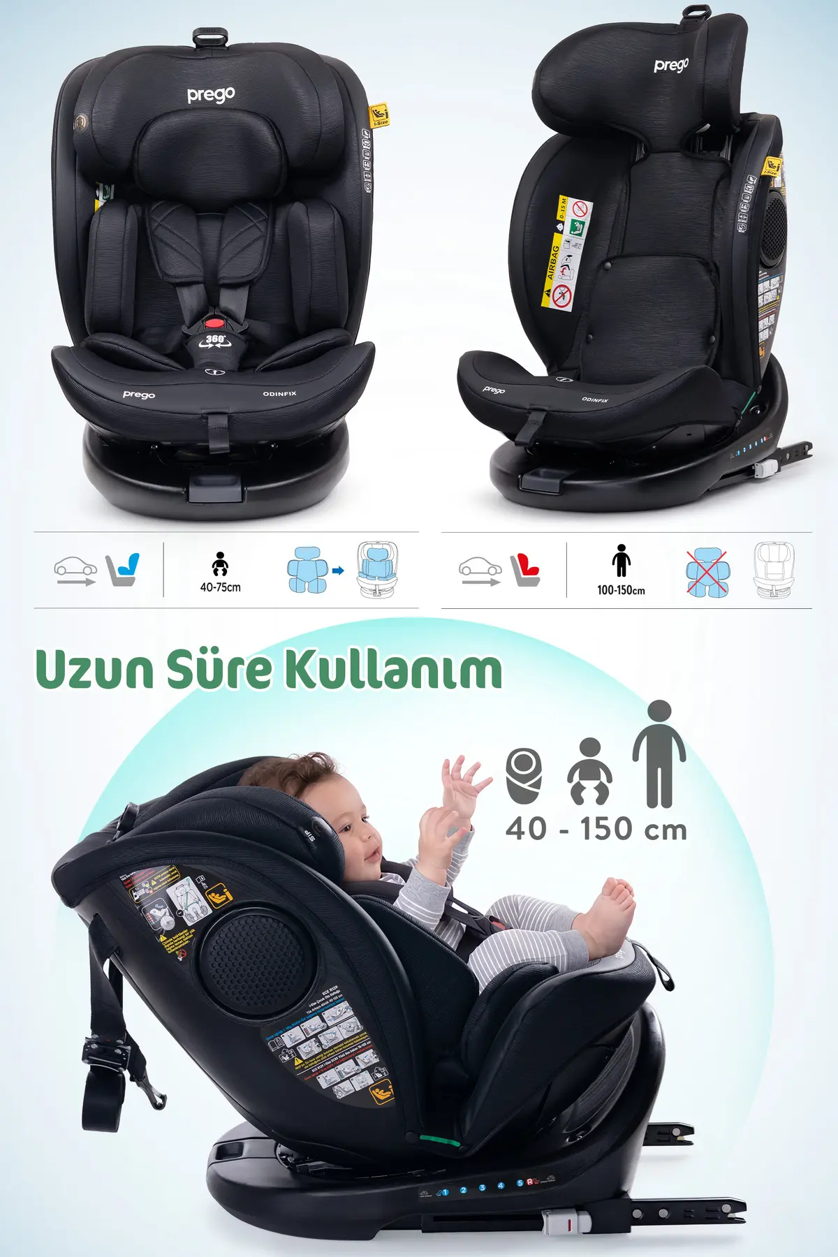 Prego Odinfix Alarmlı 360 Derece Dönebilen -0-36 Kg -İ-Size Belgeli - Top Tetherlı Oto Koltuğu