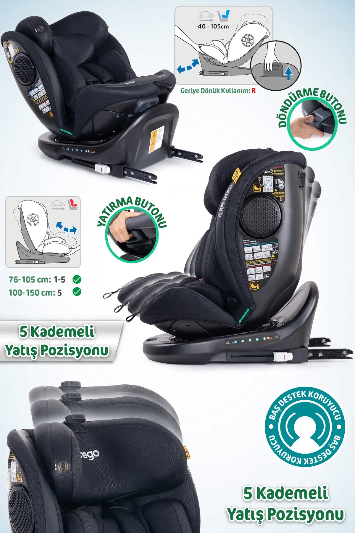 Prego Odinfix Alarmlı 360 Derece Dönebilen -0-36 Kg -İ-Size Belgeli - Top Tetherlı Oto Koltuğu